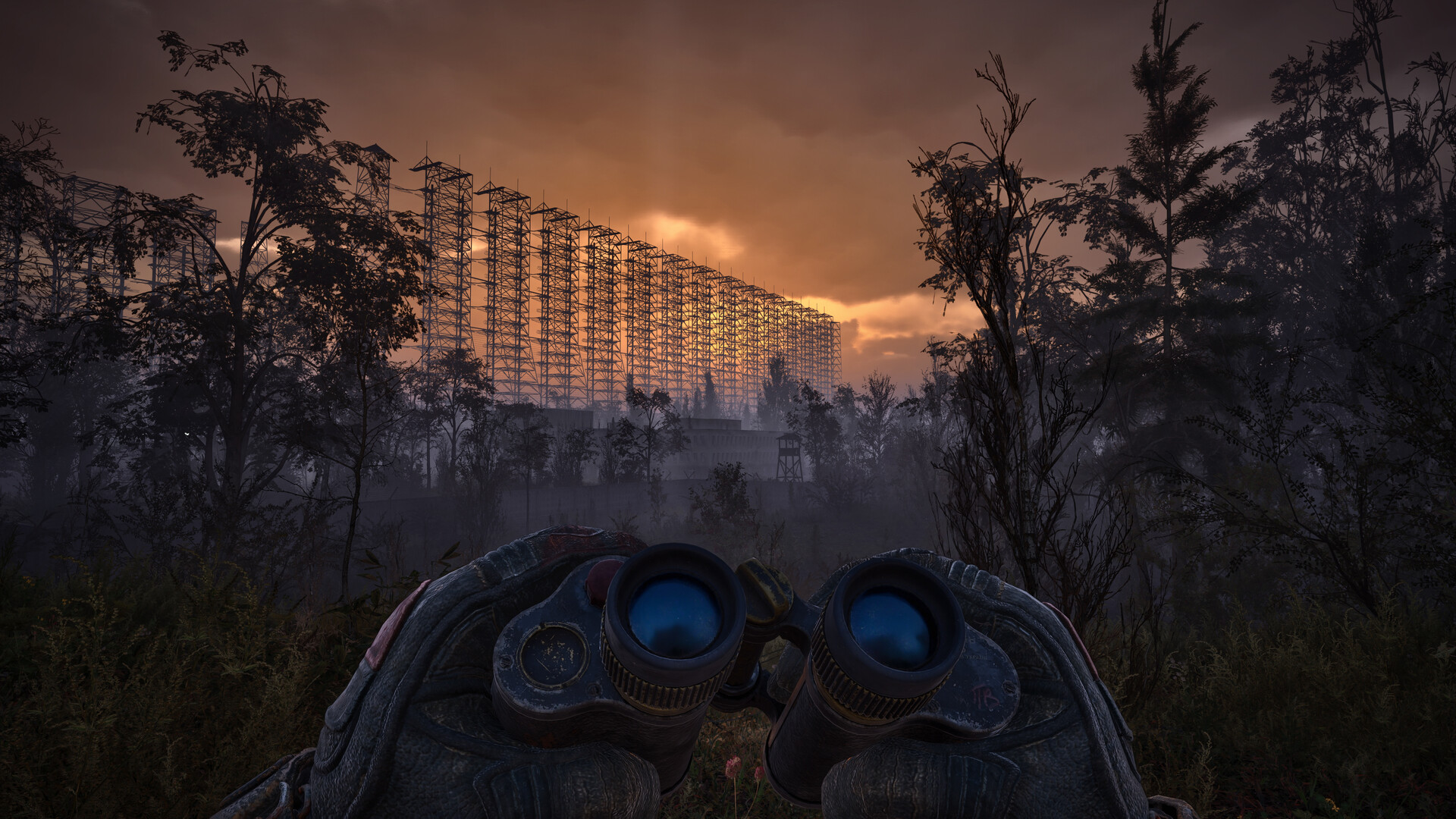 The Duga radar array rises over a misty forest.