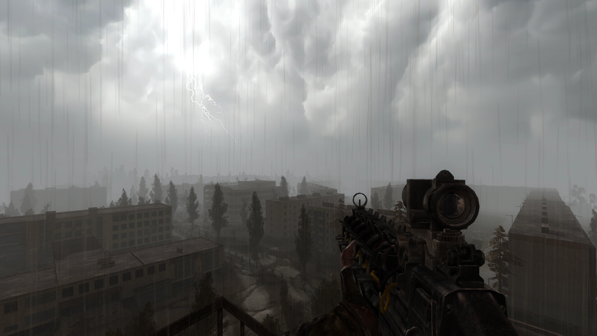 A storm gathers over the abandoned city.