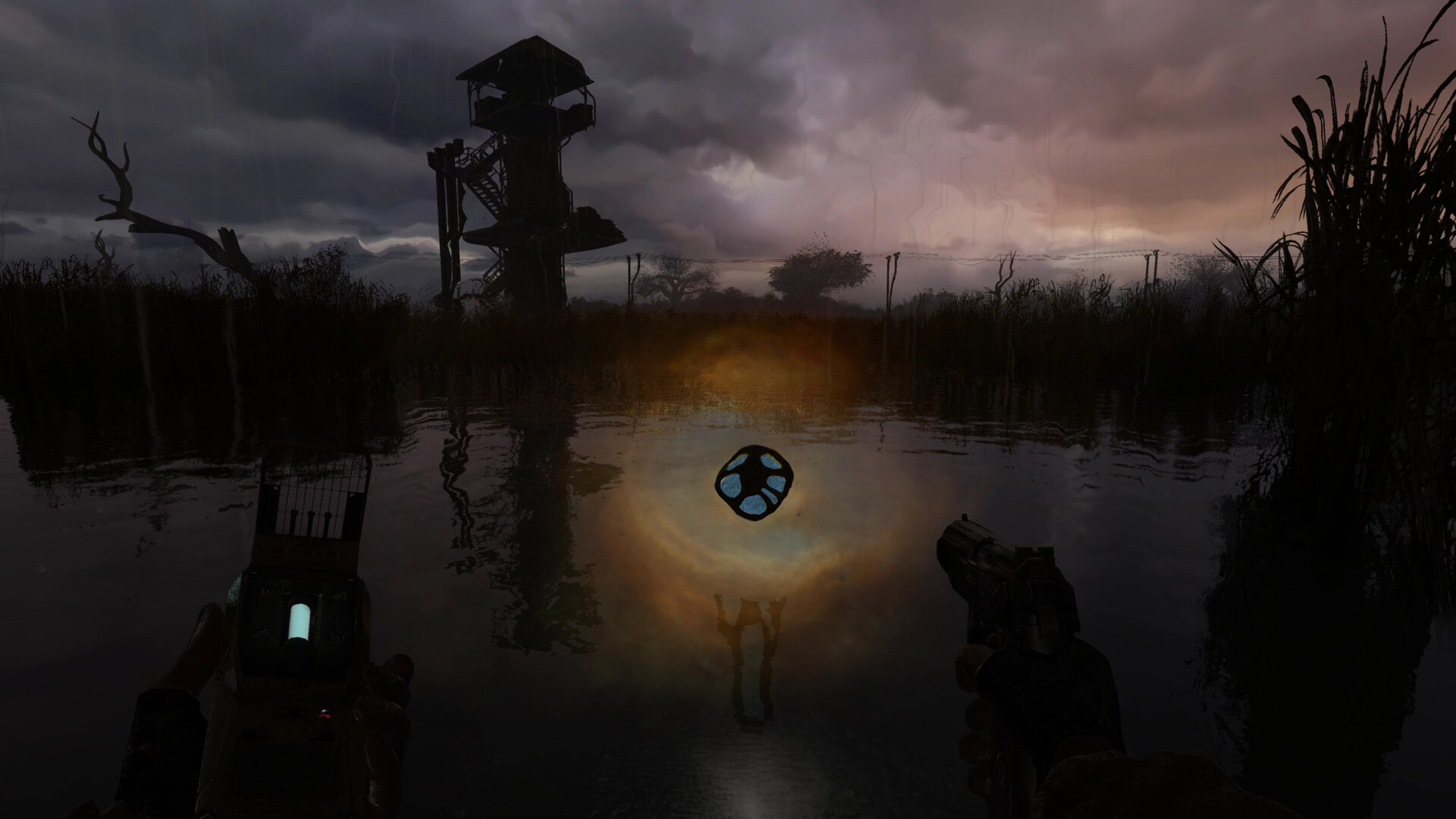 An artifact glows above swamp water beneath a watchtower.