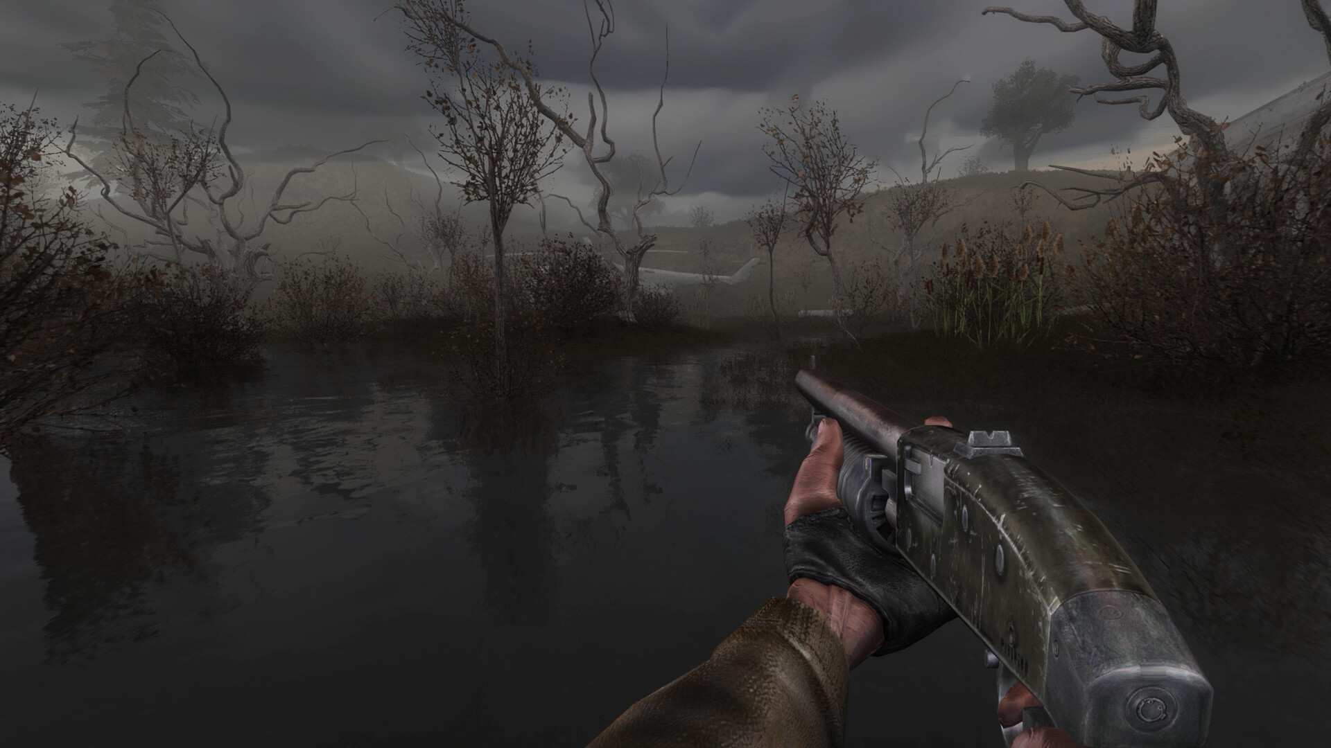 A first-person weapon points across a flooded wasteland.