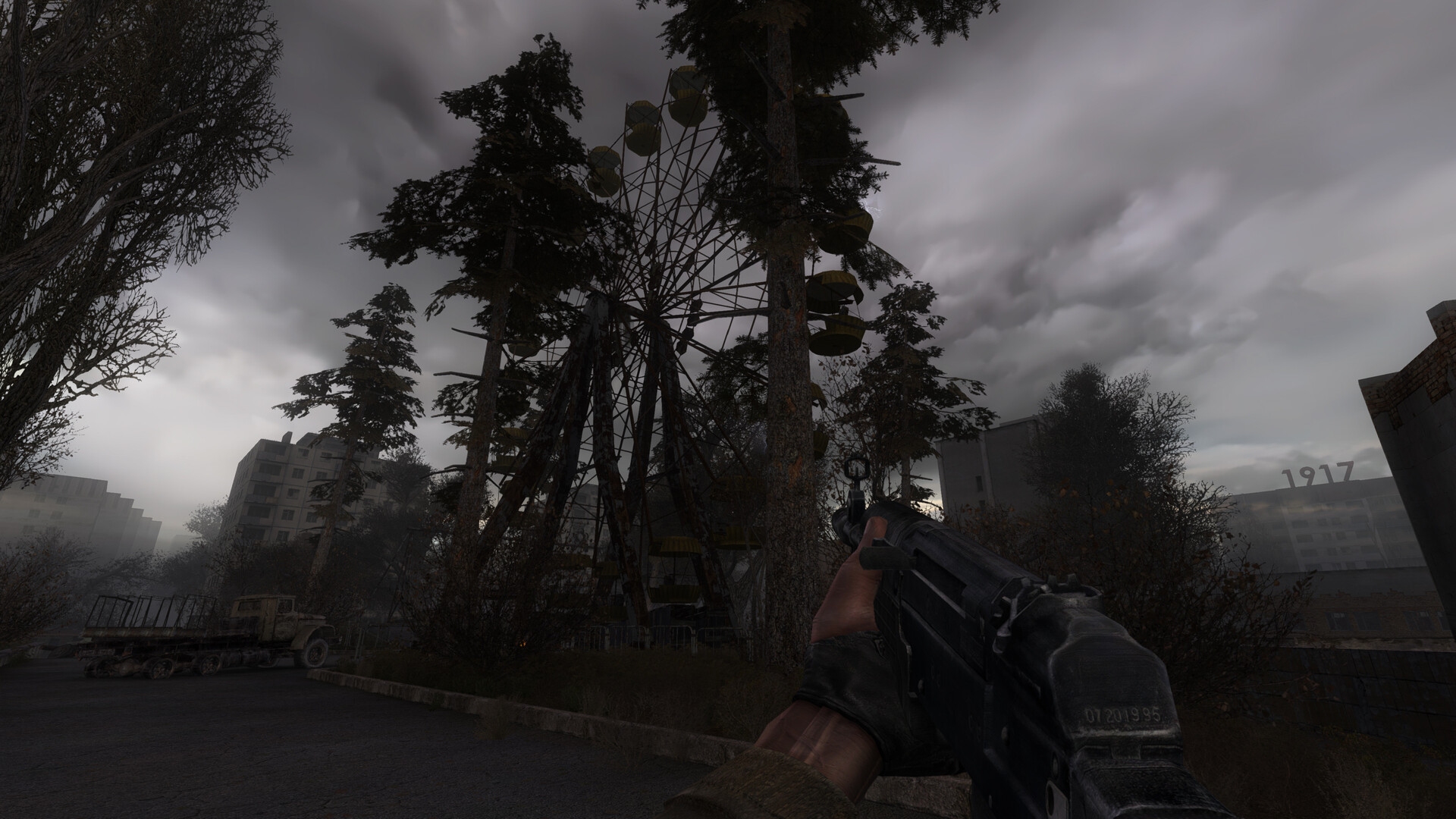 An overgrown structure rises above the Zone beneath dark clouds.