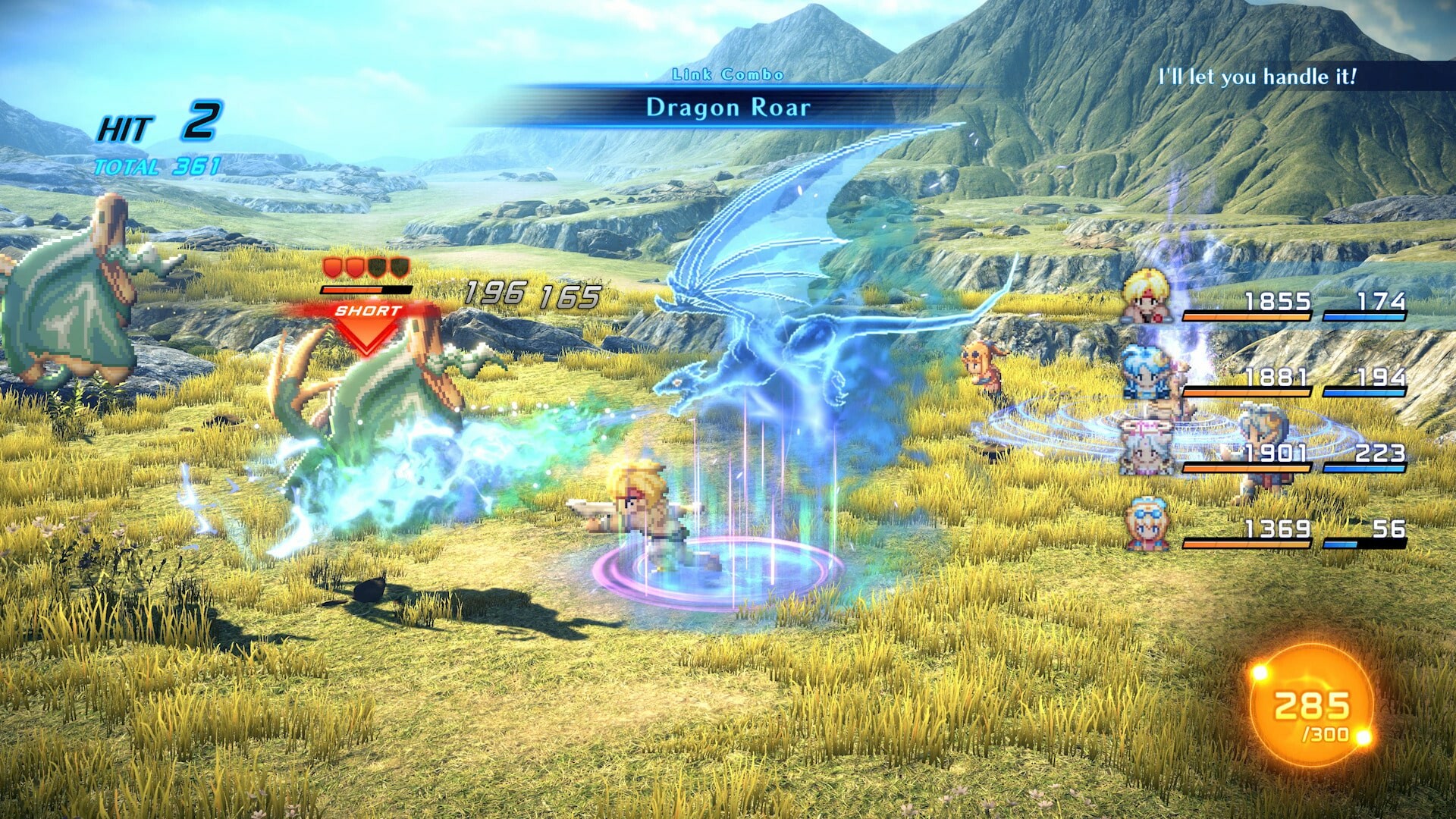 The party uses a combat ability on a grassy battlefield.