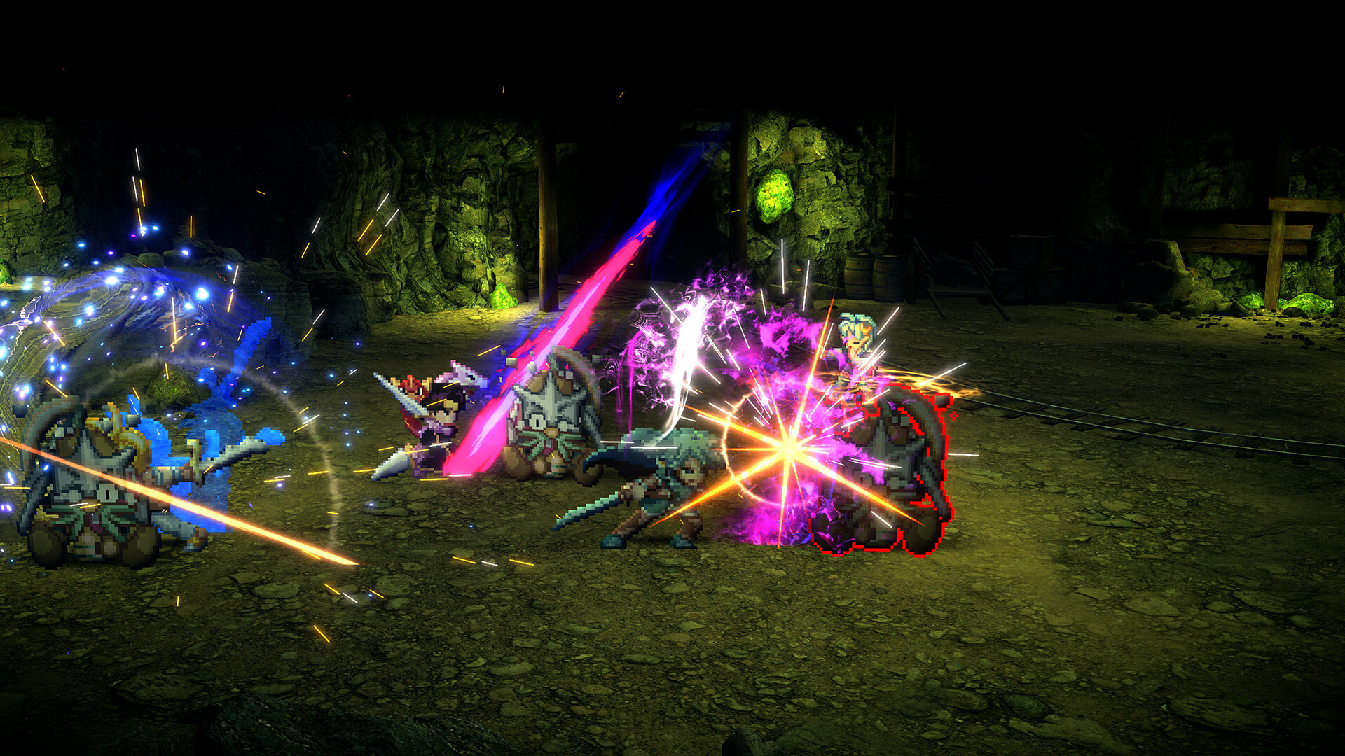 A bright clash illuminates a fight inside a cavern.