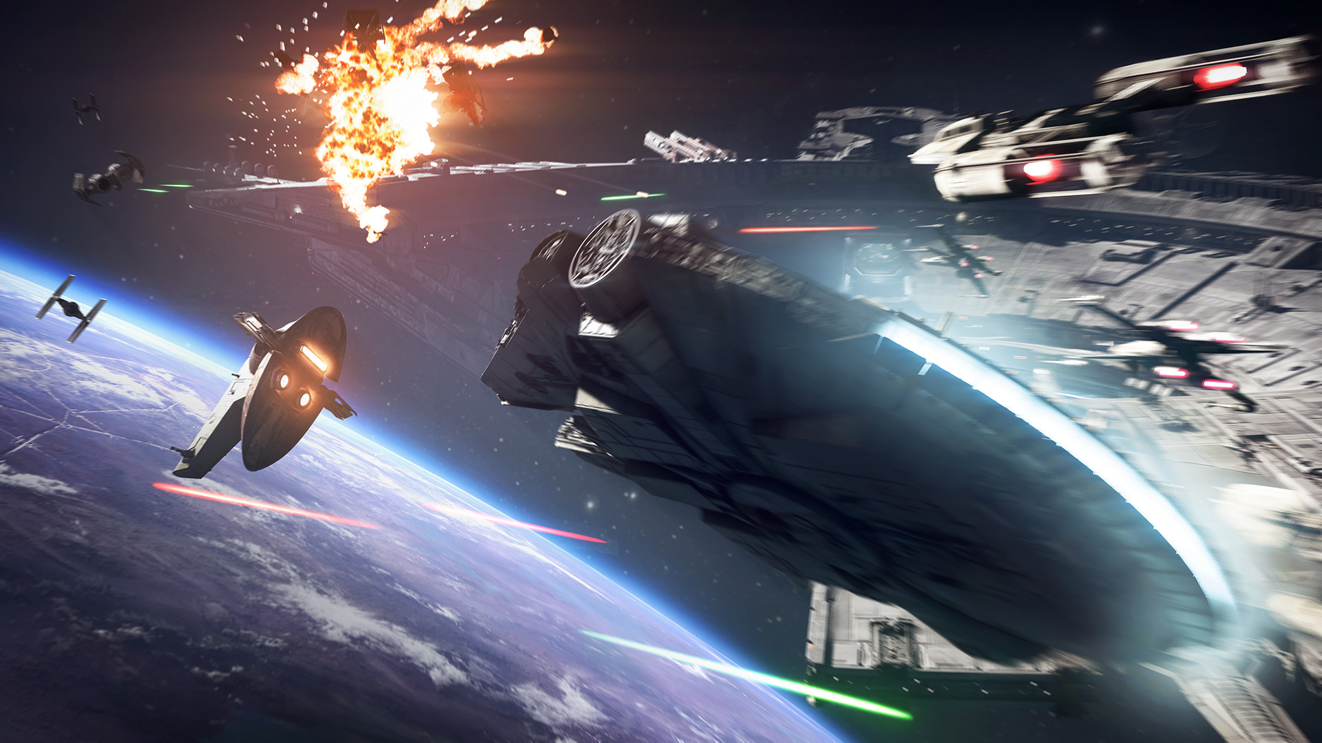 Capital ships and starfighters clash above a planet.