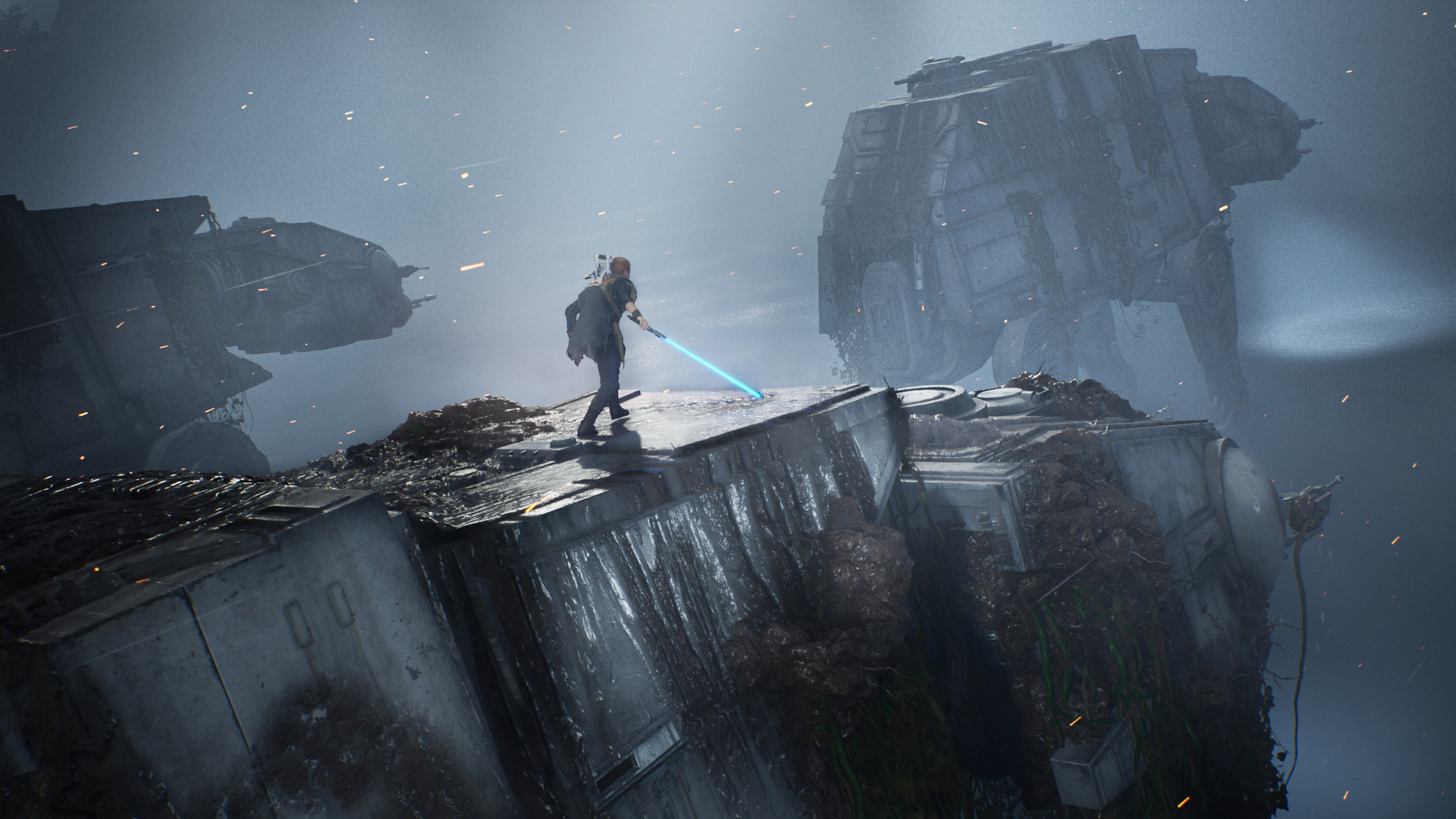 Cal crosses a broken structure with his lightsaber lit.