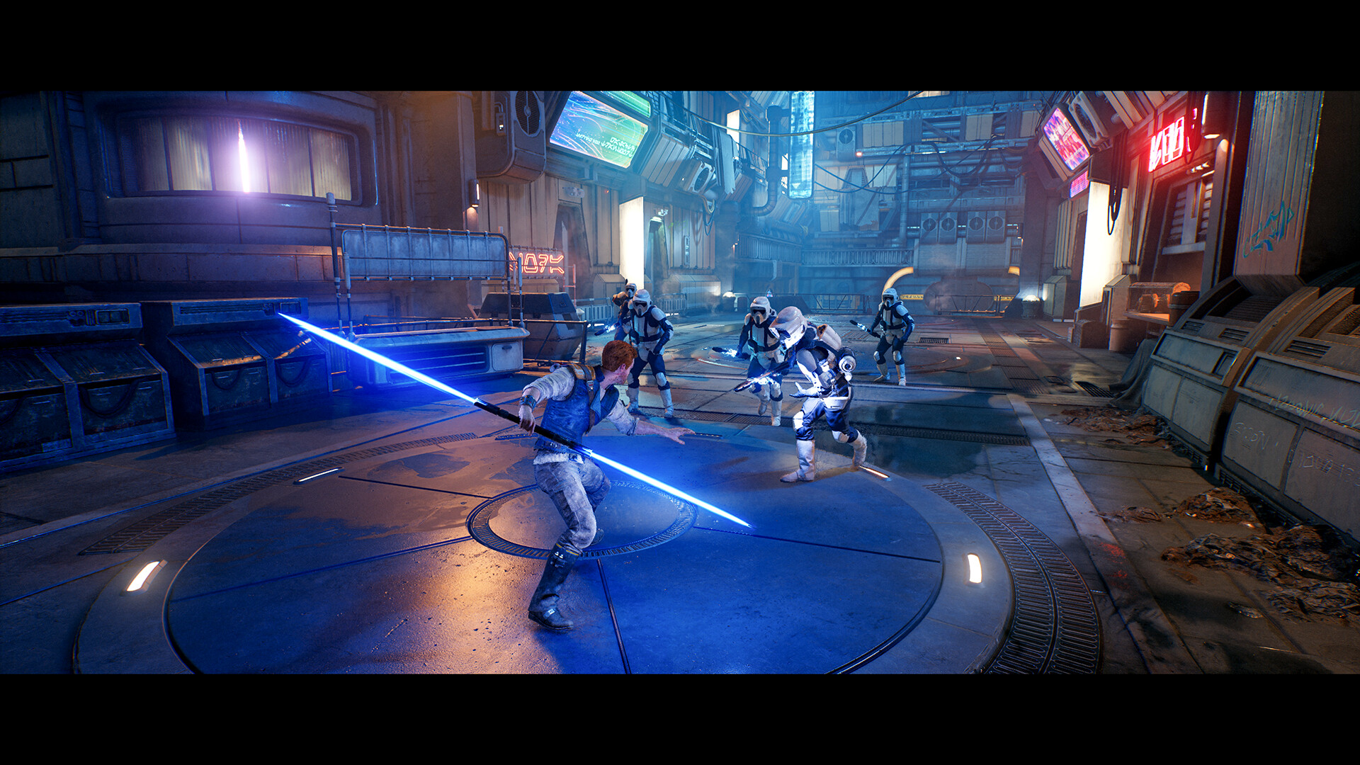 Cal Kestis faces a group of Imperial soldiers with a lightsaber.