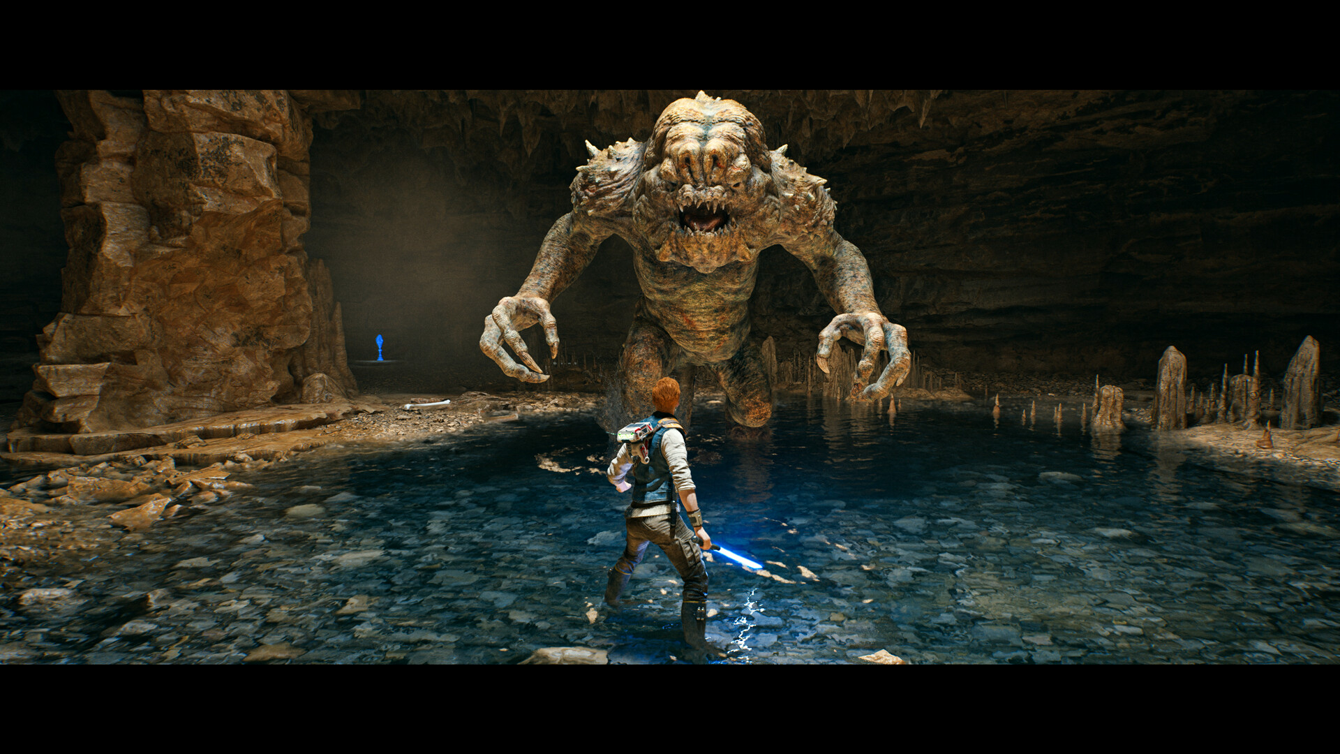 Cal confronts a large creature in a flooded cavern.