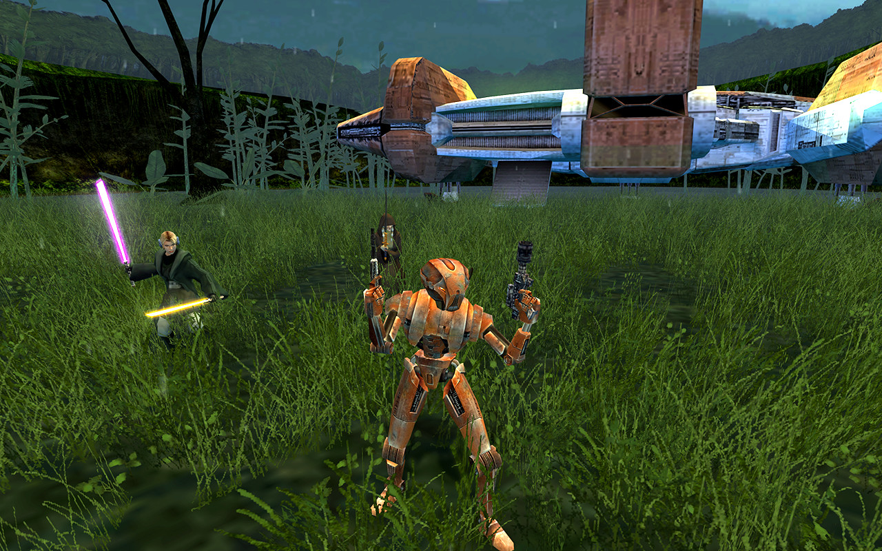 The party gathers with lightsabers in a green field beside a ship.