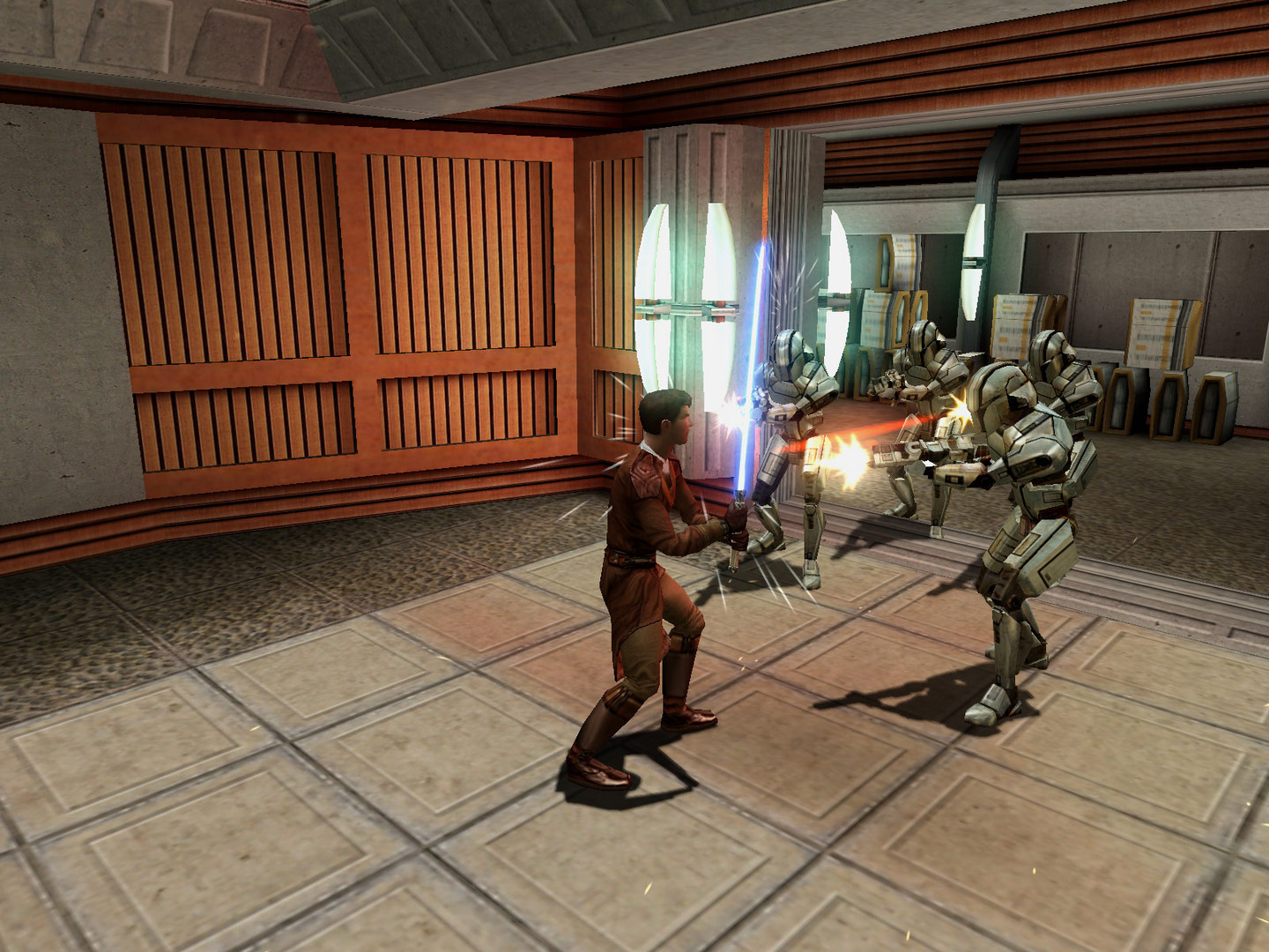 A lightsaber wielder faces an armed droid inside a chamber.