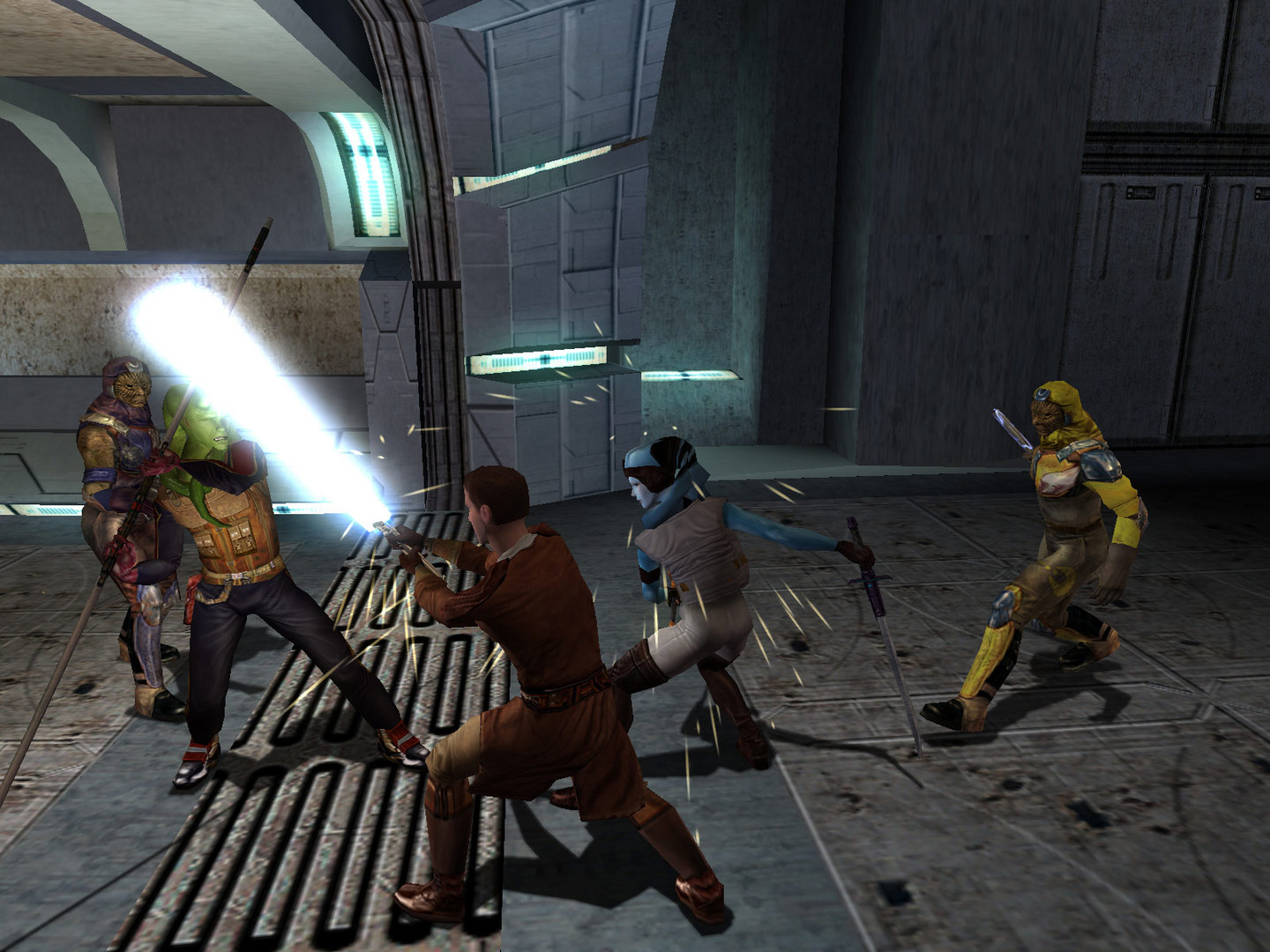 A party fights enemies in a dark industrial corridor.
