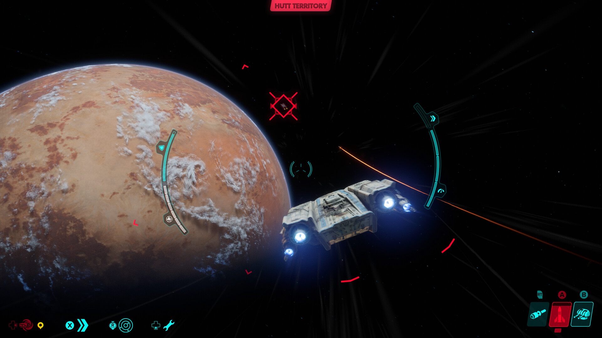 A starship flies above a planet during space combat.