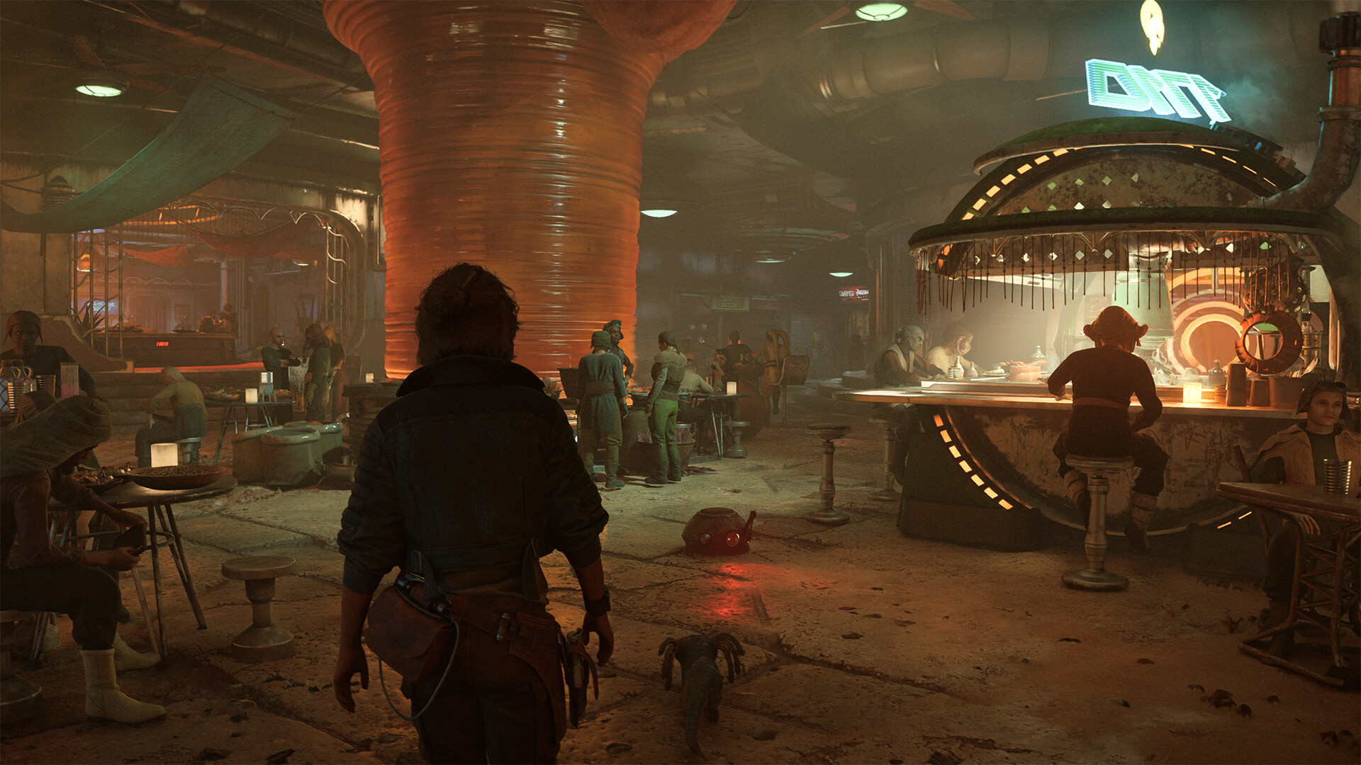 Kay Vess enters a crowded cantina with Nix beside her.