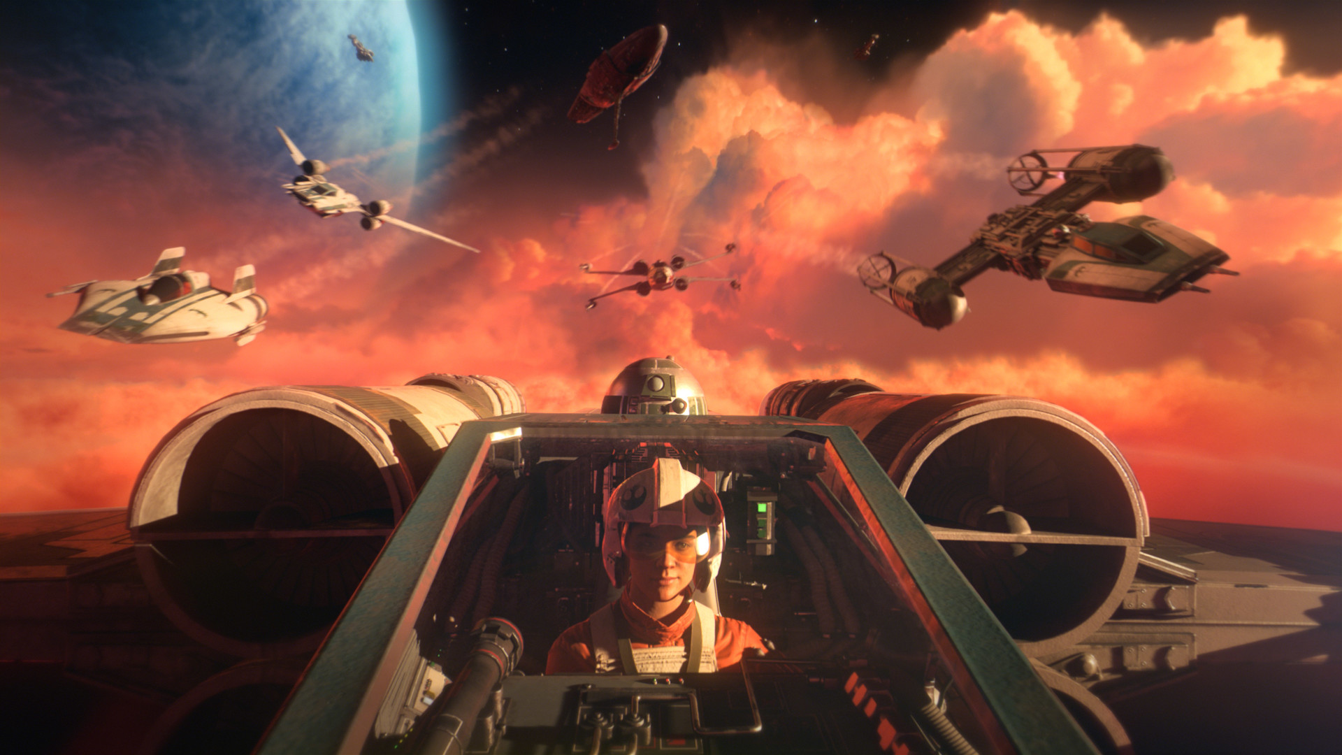 A pilot sits in a starfighter cockpit during a fleet battle.