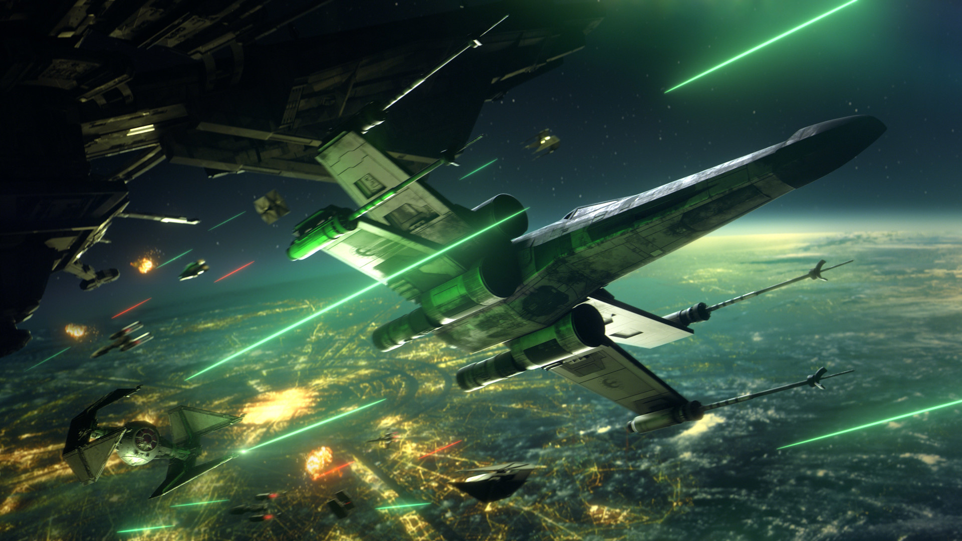 New Republic starfighters fly through laser fire above a planet.