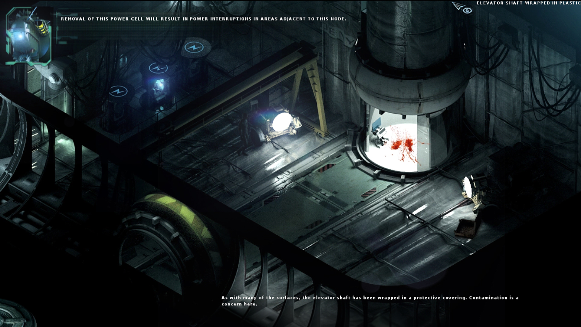 An isometric view shows a lit chamber inside a dark ship.