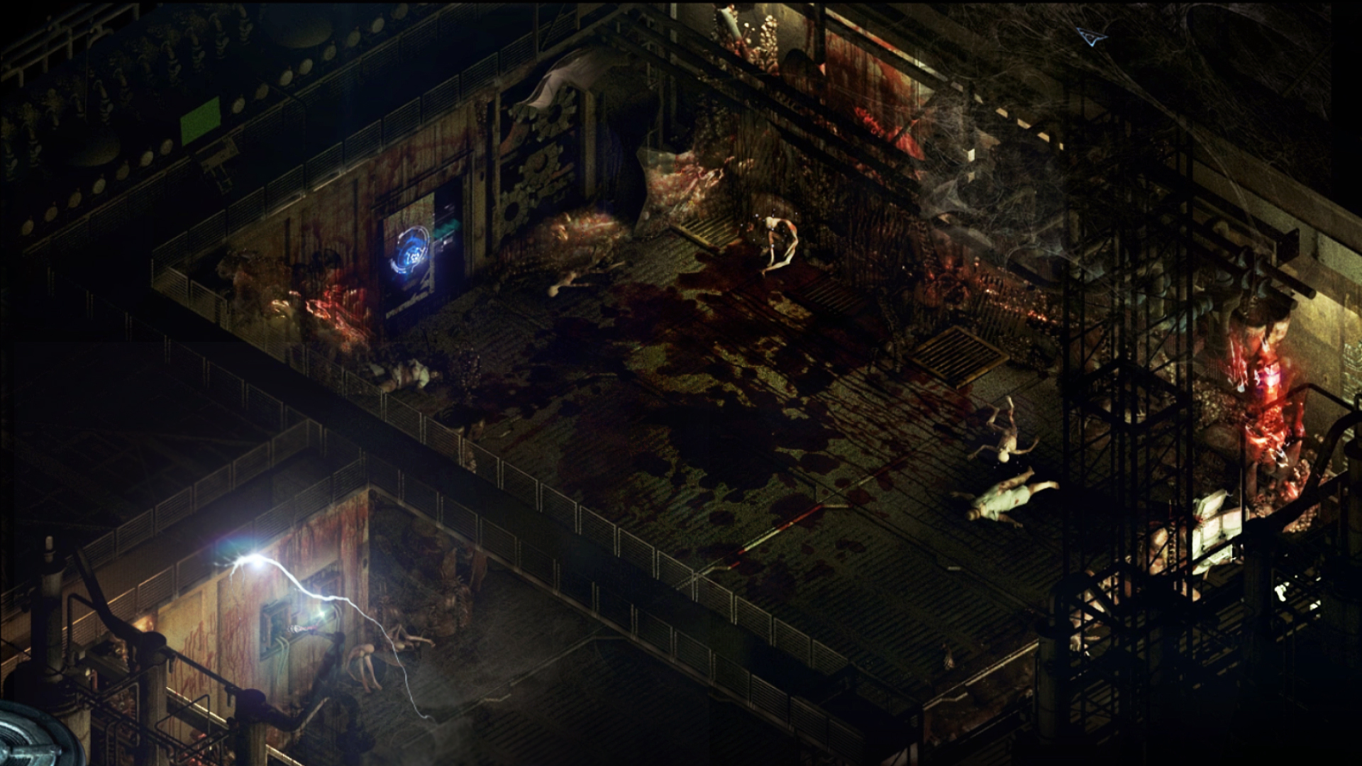 A character moves through a damaged room aboard the ship.
