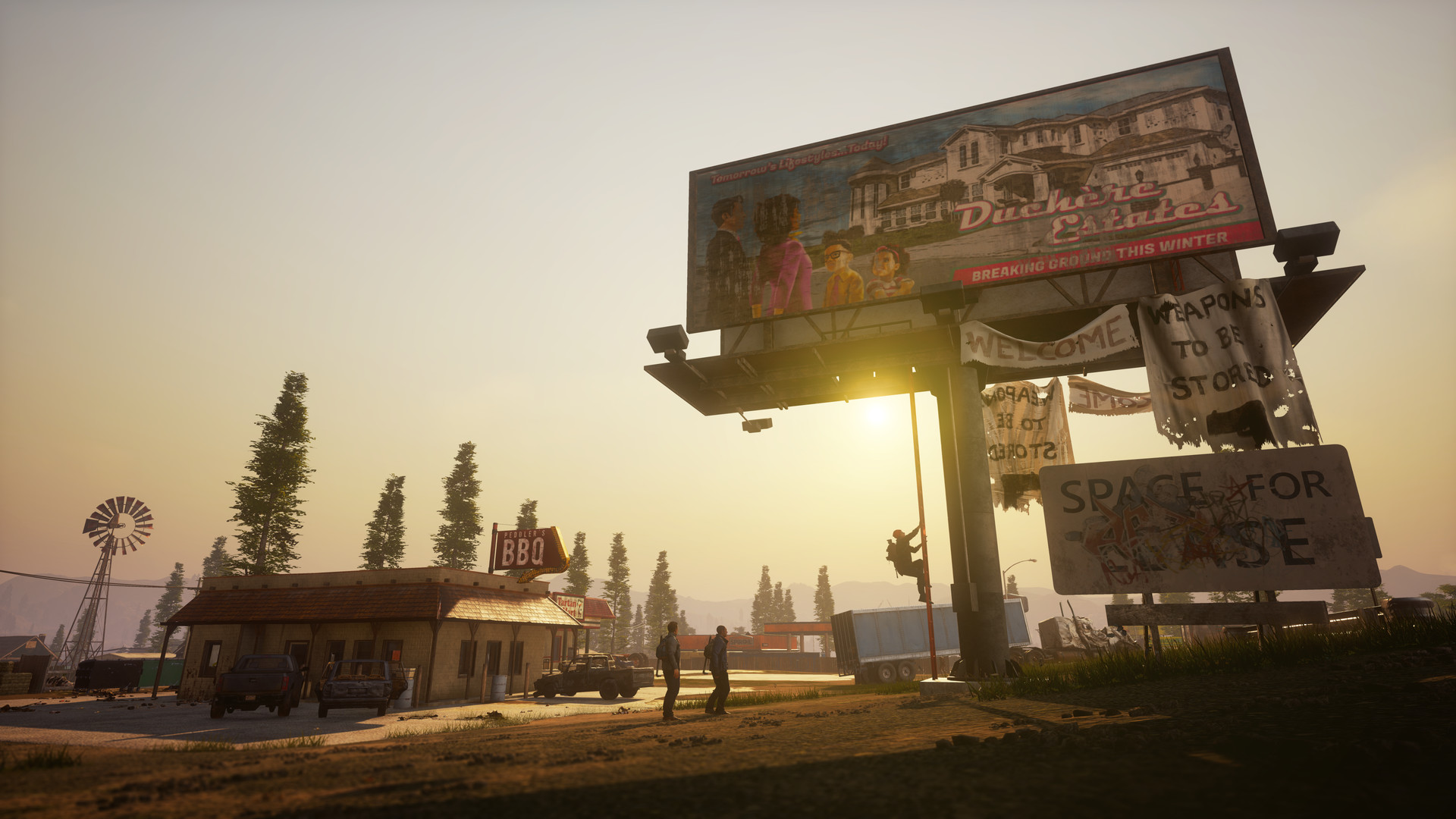 A roadside settlement stands beneath a weathered billboard.