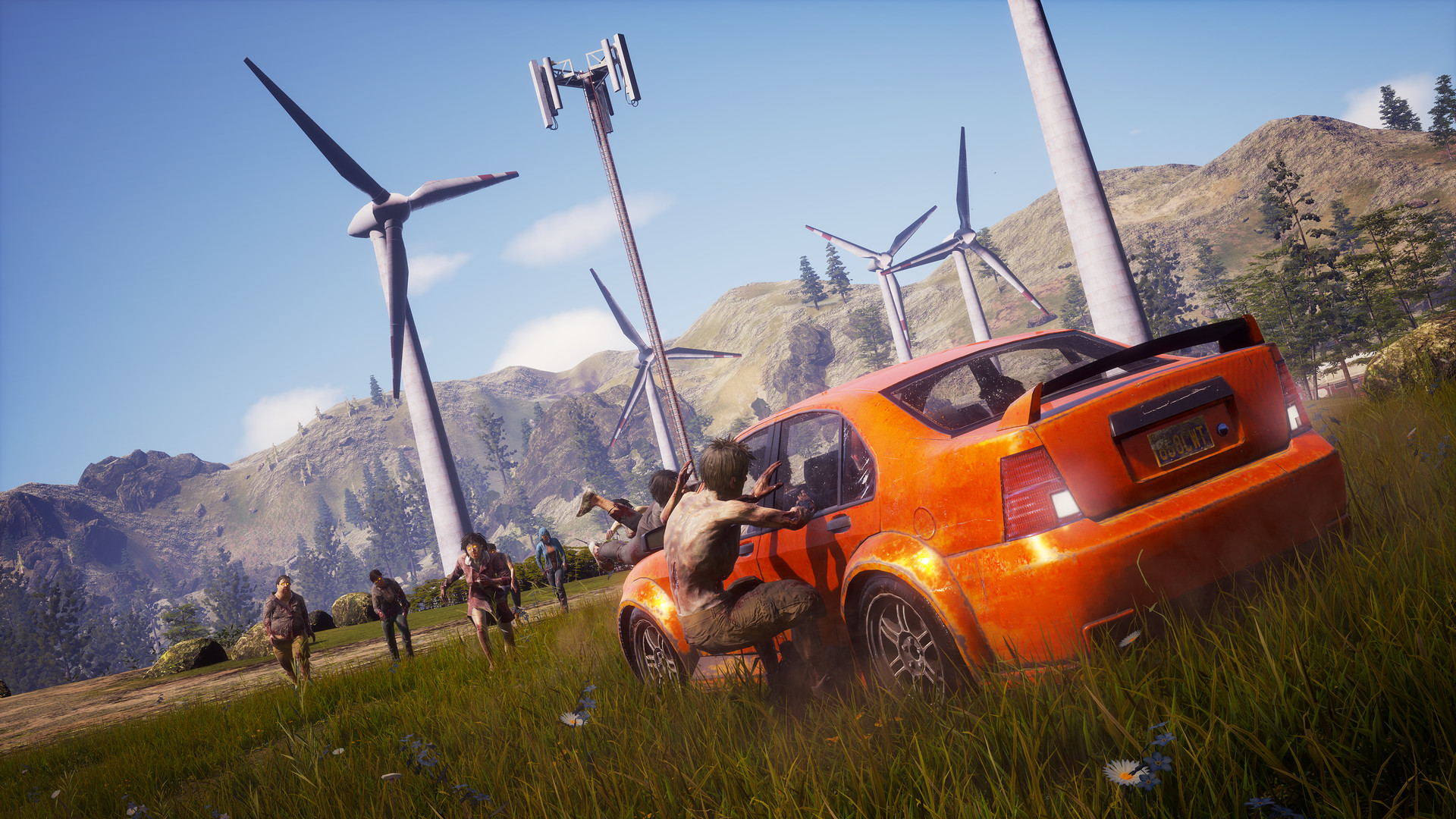 Survivors leave a vehicle as zombies approach across a field.