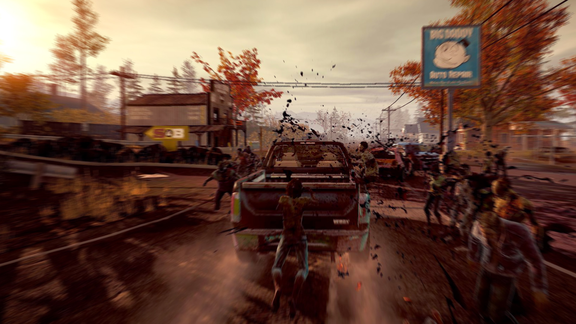 A pickup truck drives through zombies along a road.