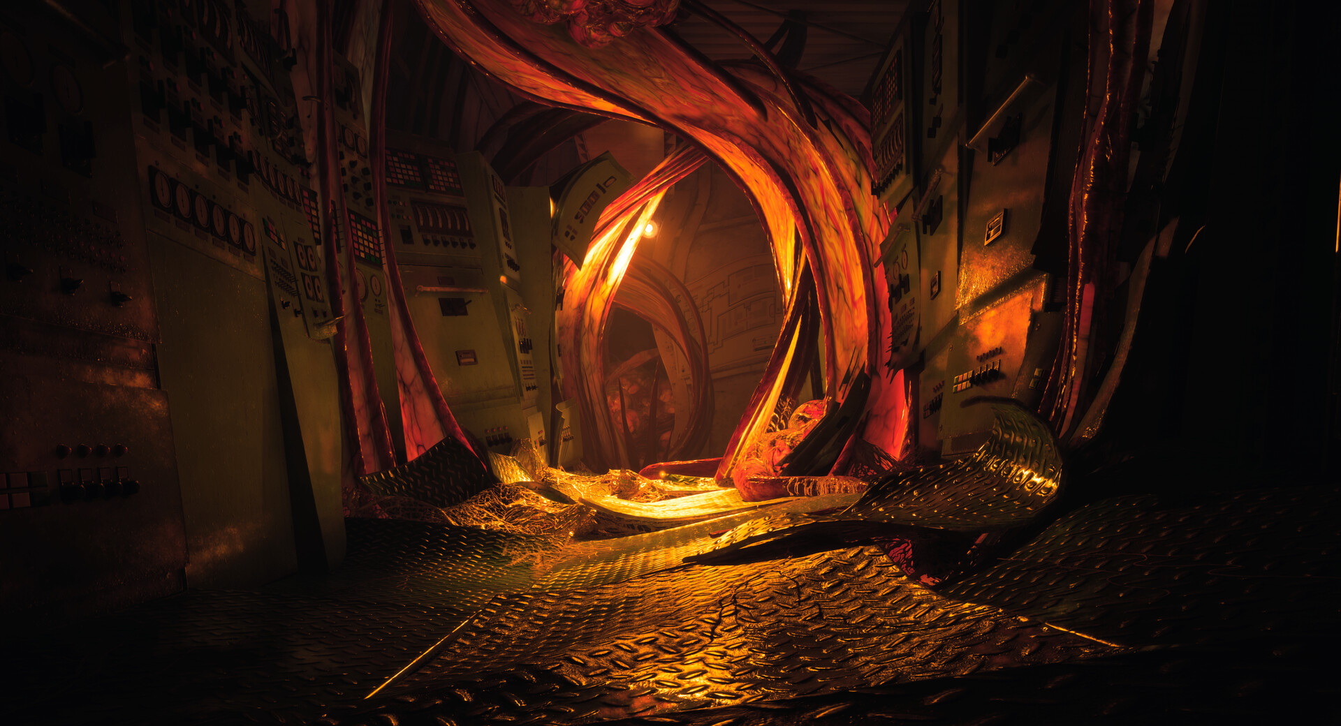 Twisted metal frames a firelit corridor aboard the rig.