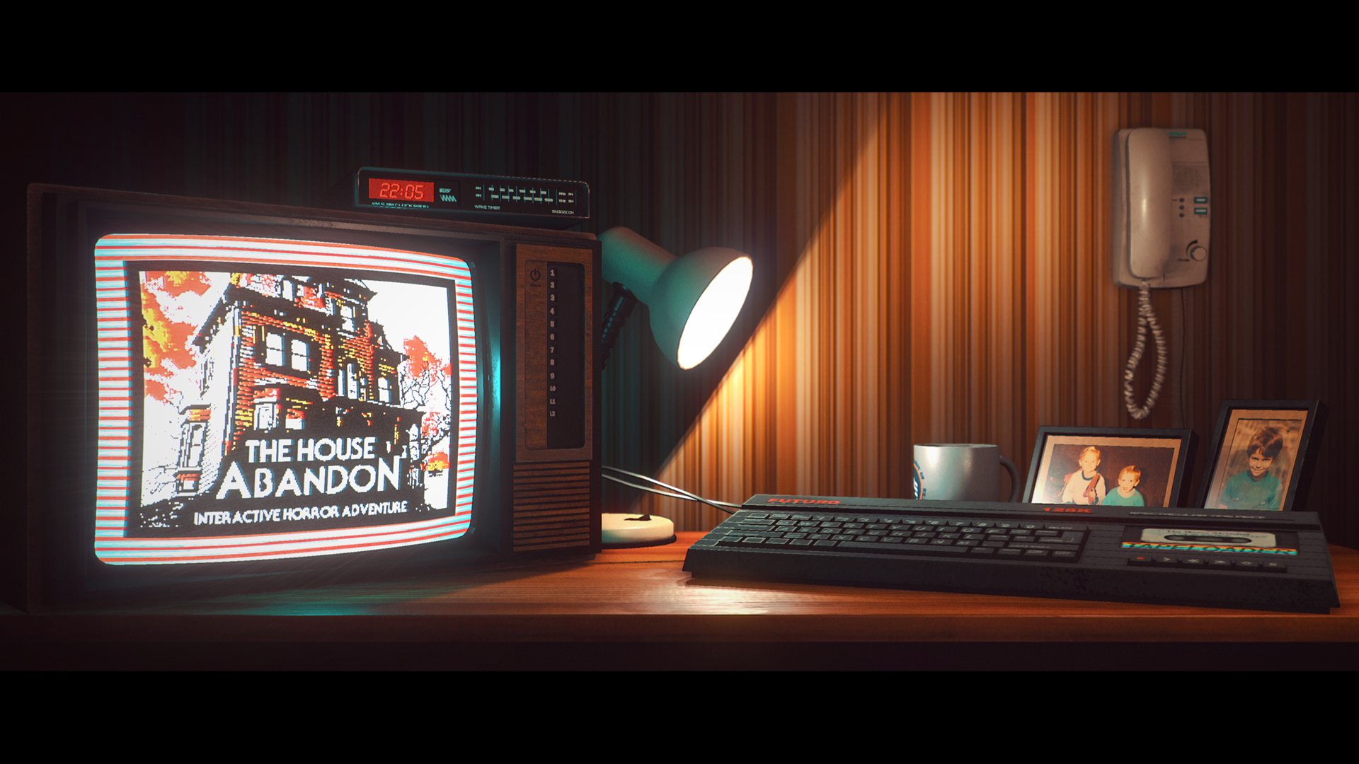An old television displays The House Abandon beside a keyboard.