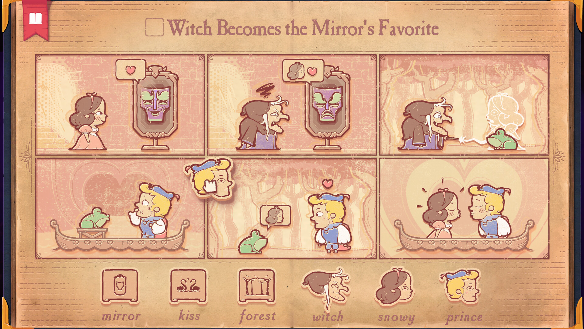 A six-panel page stages a witch, mirror, prince and other characters.