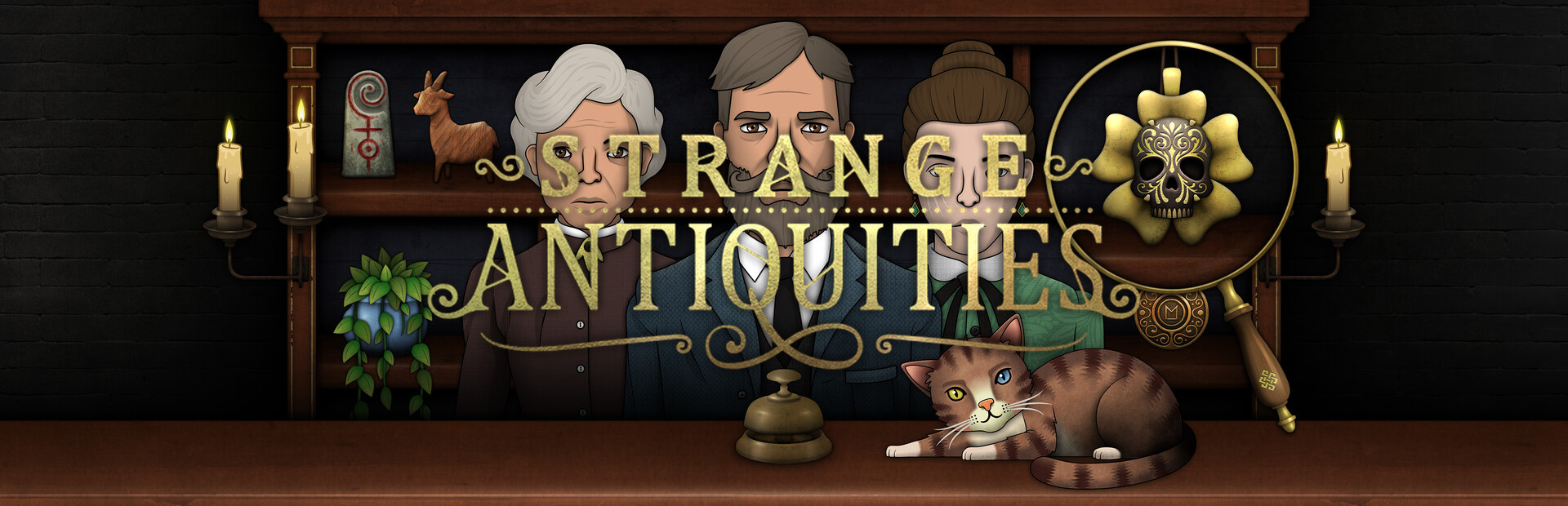 Official Steam library artwork shows the shop staff and cat beneath the Strange Antiquities title.