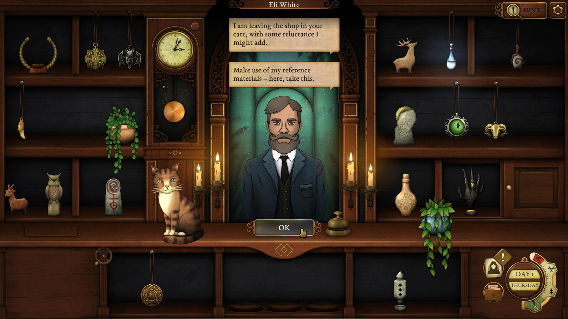 A visitor speaks across the antique shop counter.