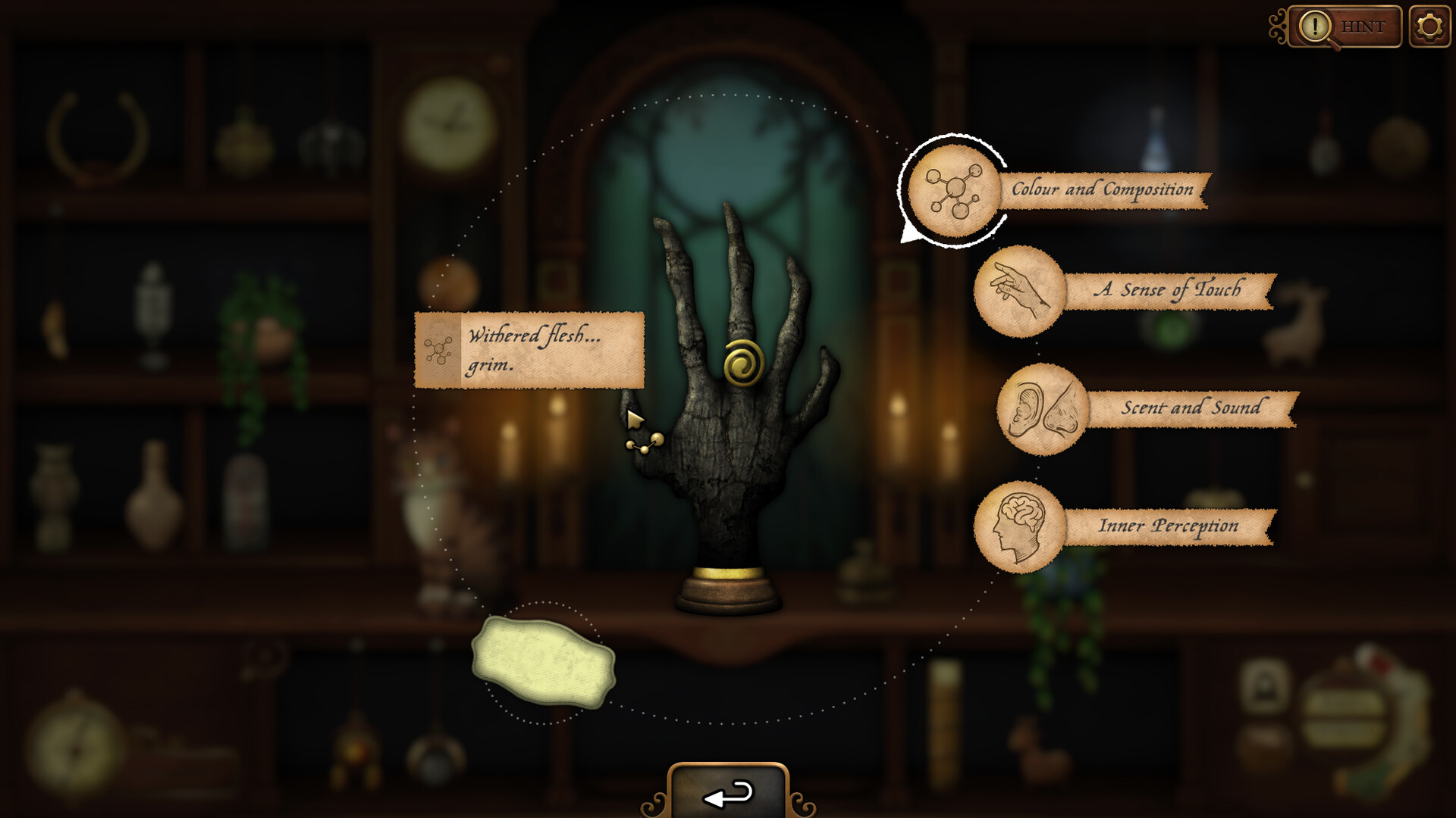An unusual artifact is examined against the shop shelves.