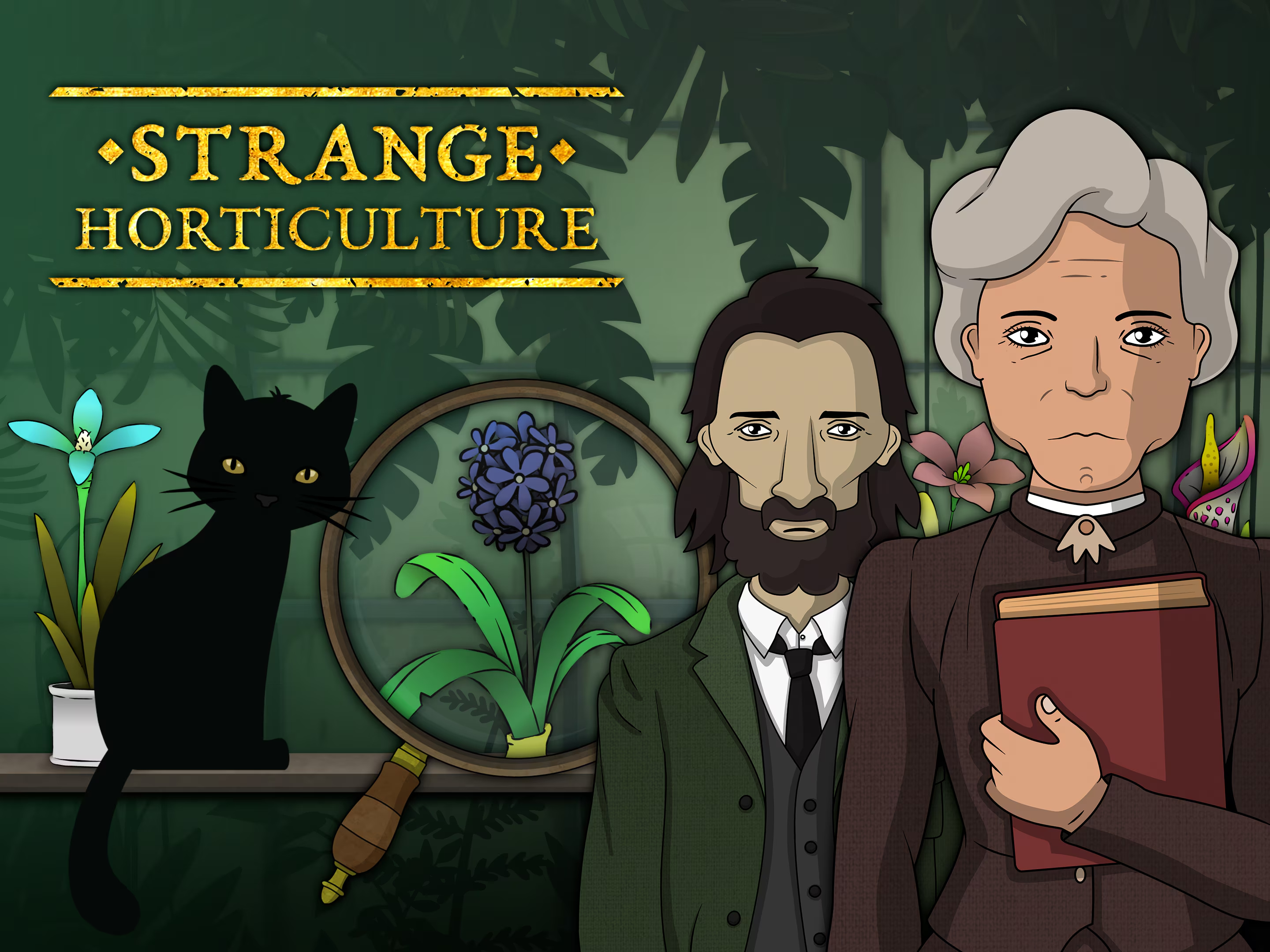 Strange Horticulture title above two visitors and a black cat among plants.