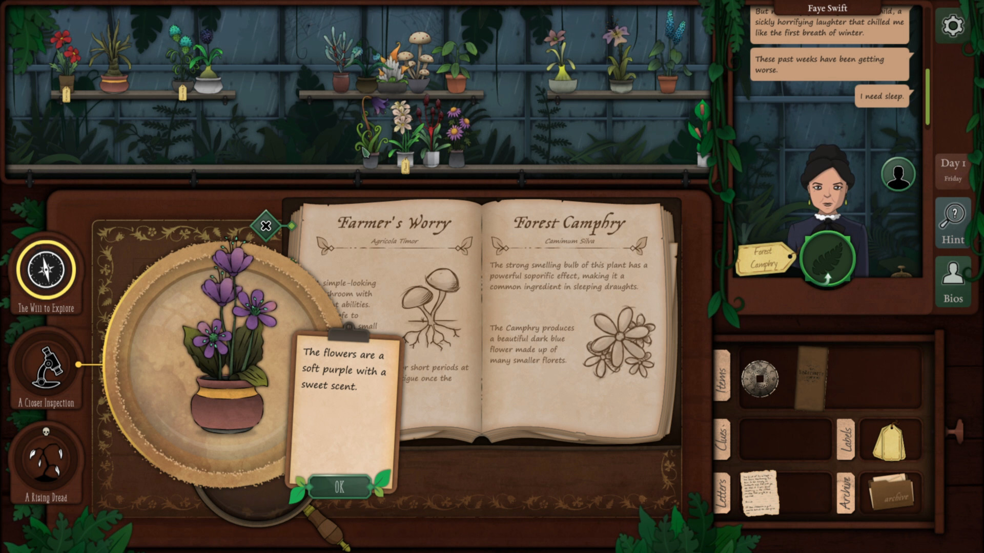 A customer waits while the horticulturist compares a flowering plant with encyclopedia entries.