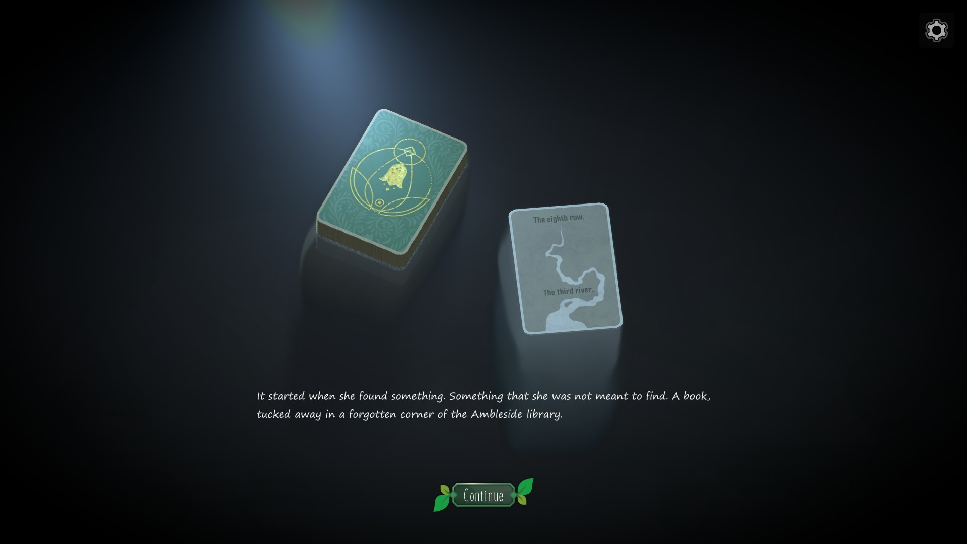 Cards and a book appear in a dark interlude.
