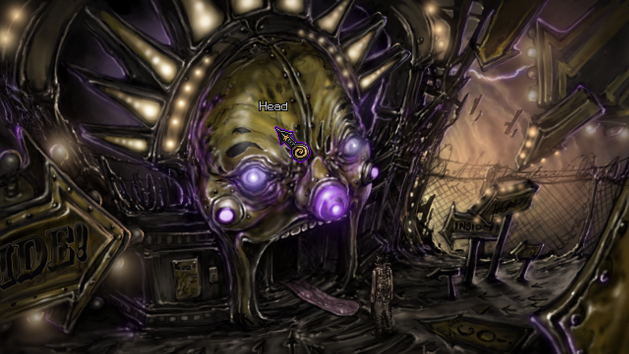 A huge face rises over the surreal landscape.