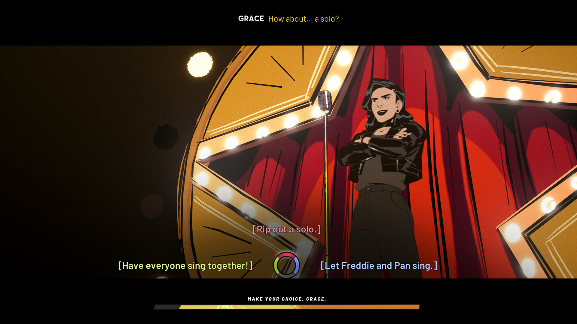 Grace chooses how a musical number should continue on stage.