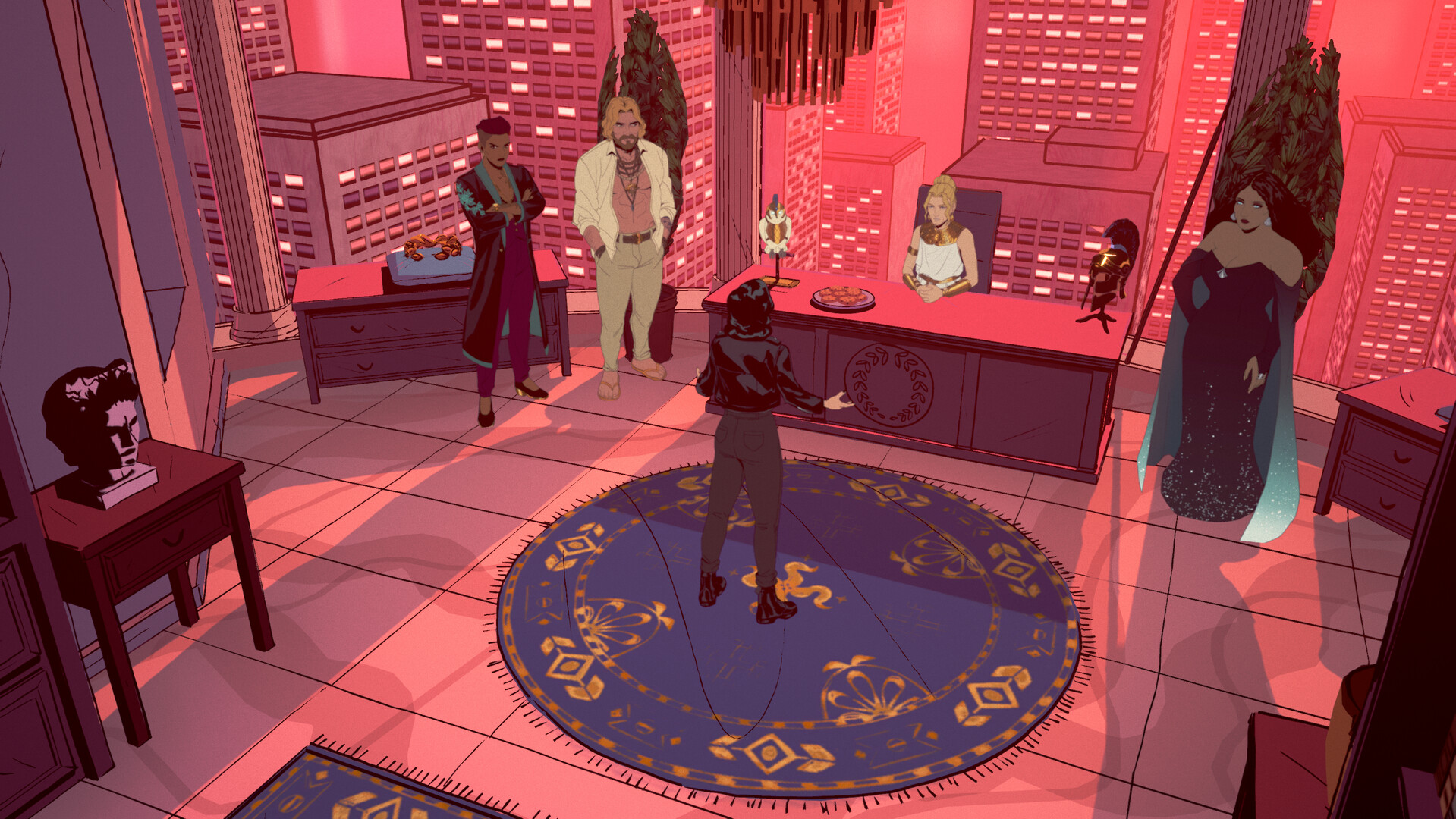Grace faces a group of characters in a red-lit city interior.