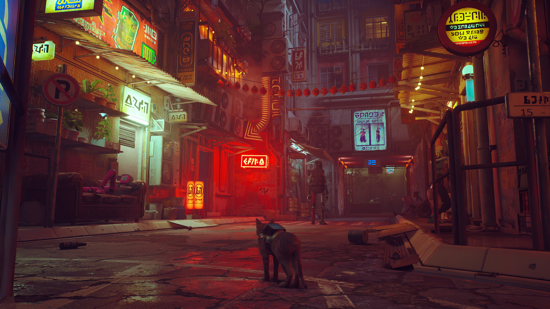 The cat walks through a neon-lit street in the robot city.