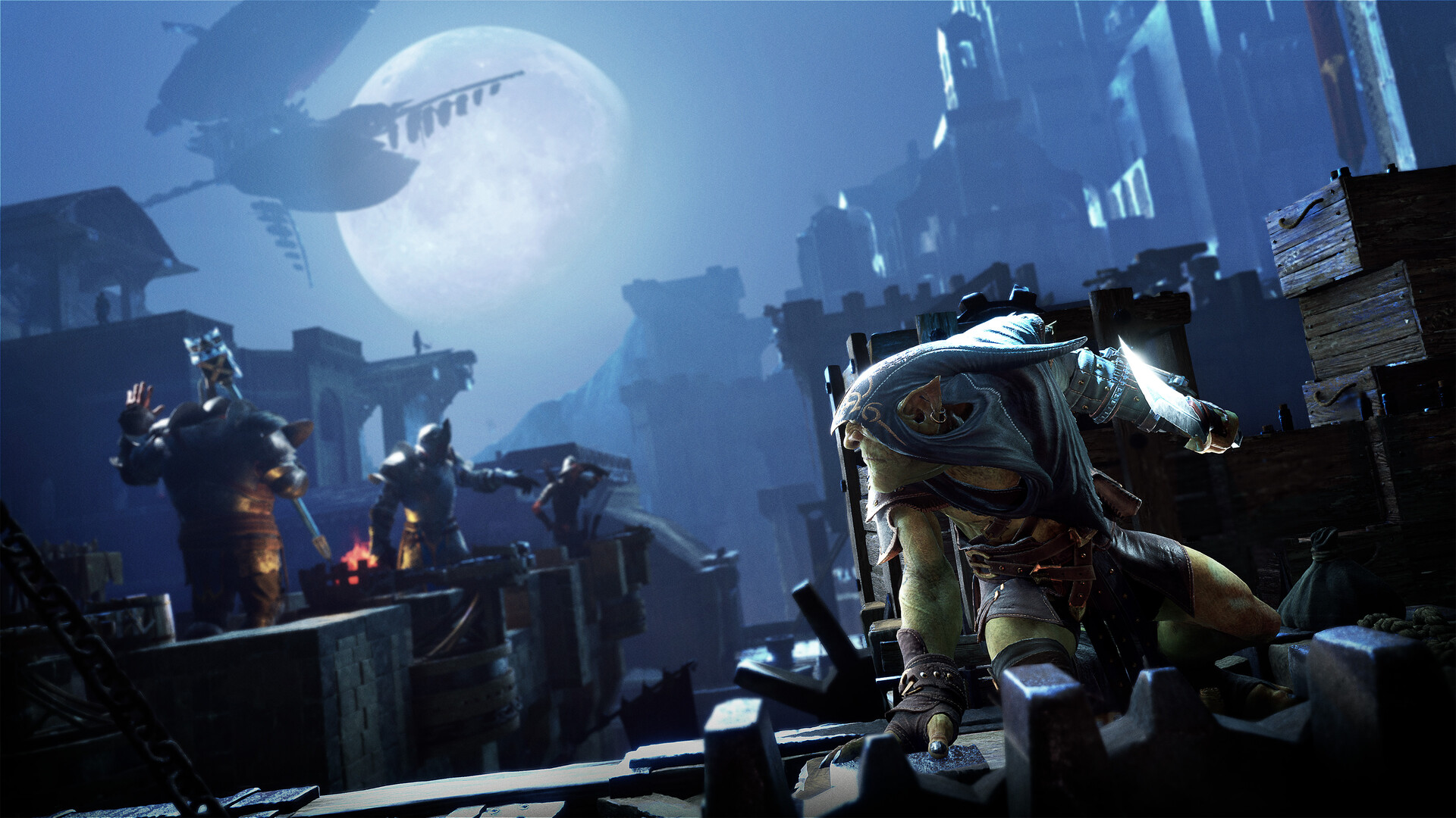 Styx watches guards beneath a moonlit skyline.