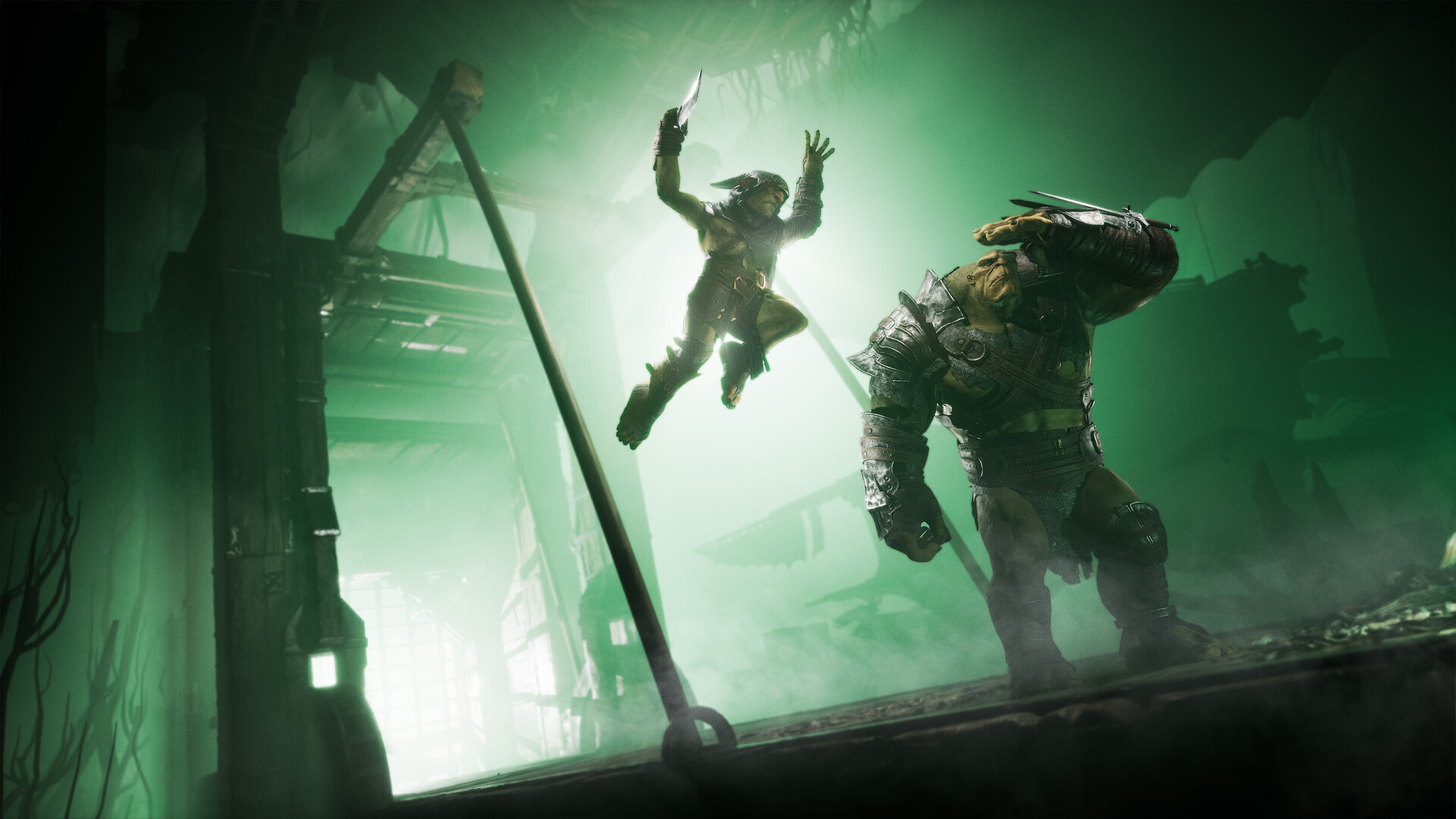 Styx leaps near a creature in a green-lit chamber.