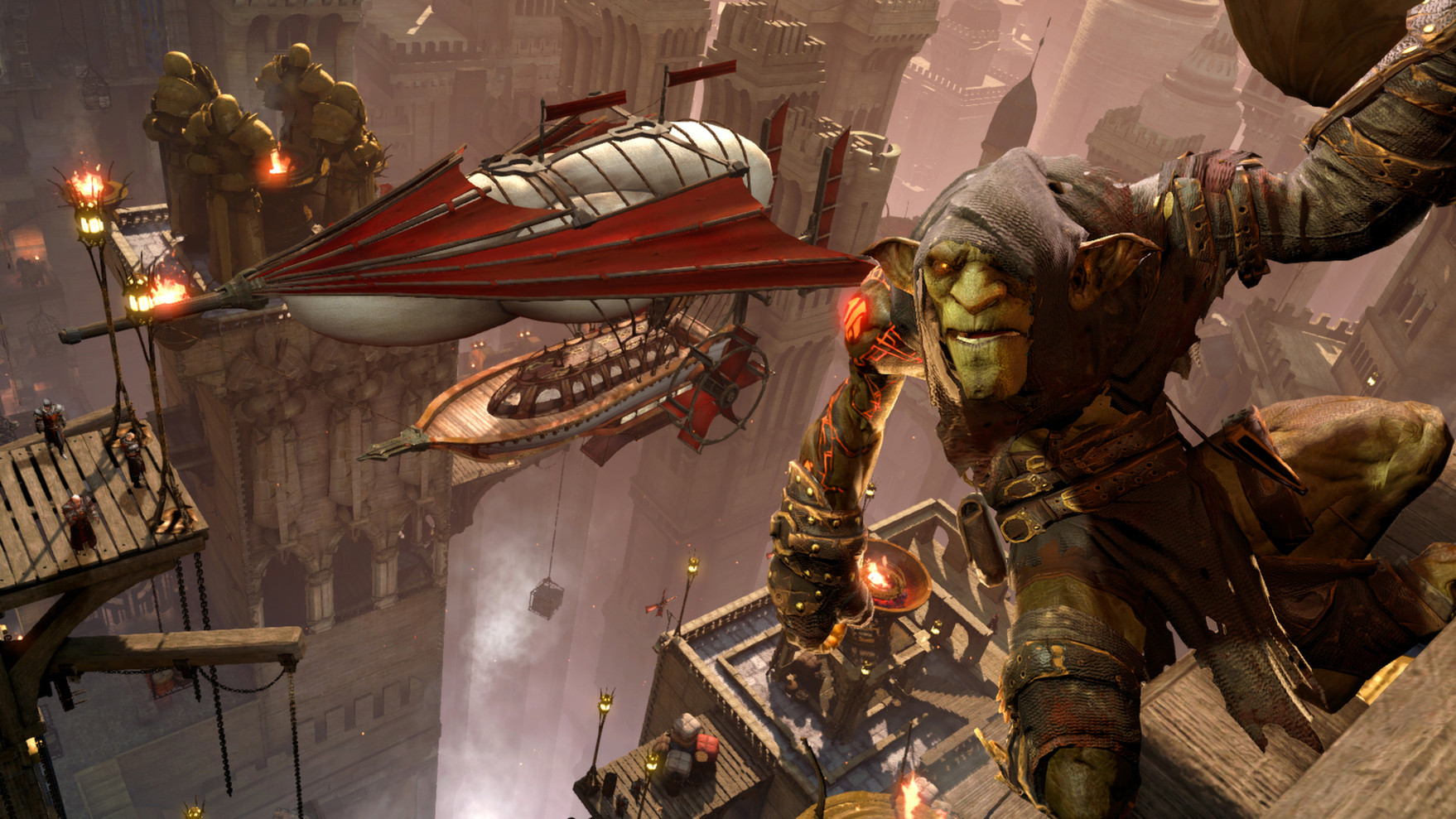 Styx moves across a high ledge above the Tower of Akenash.