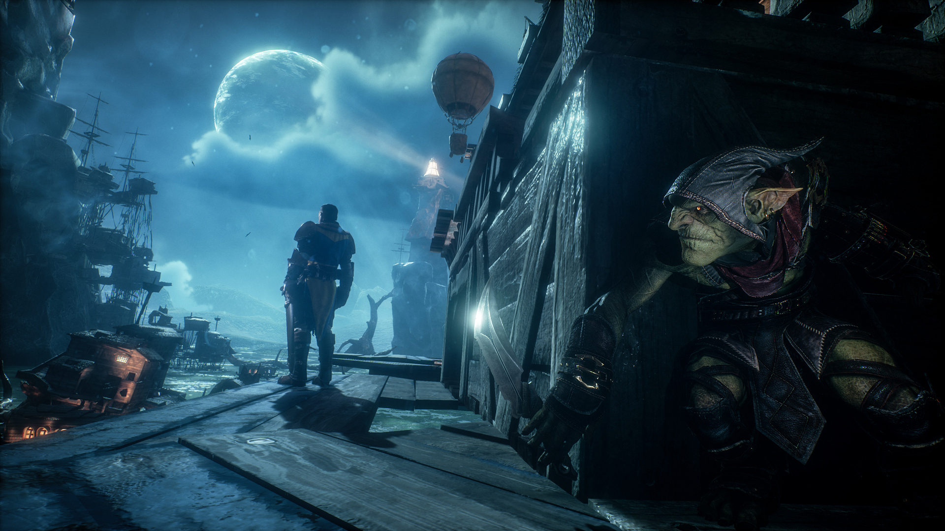 Styx hides near a guard under a moonlit sky.