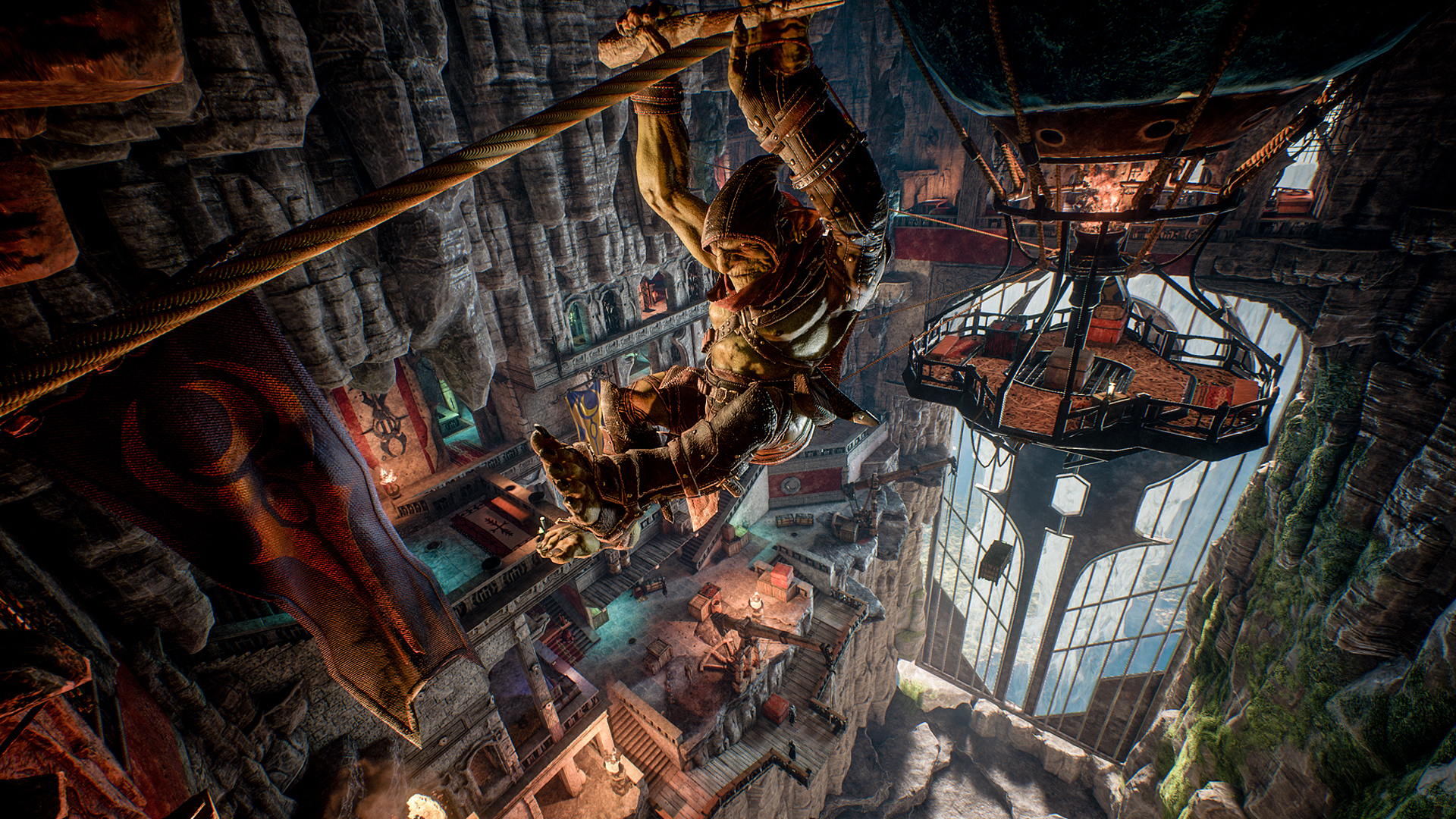 Styx climbs along the side of a tall structure.