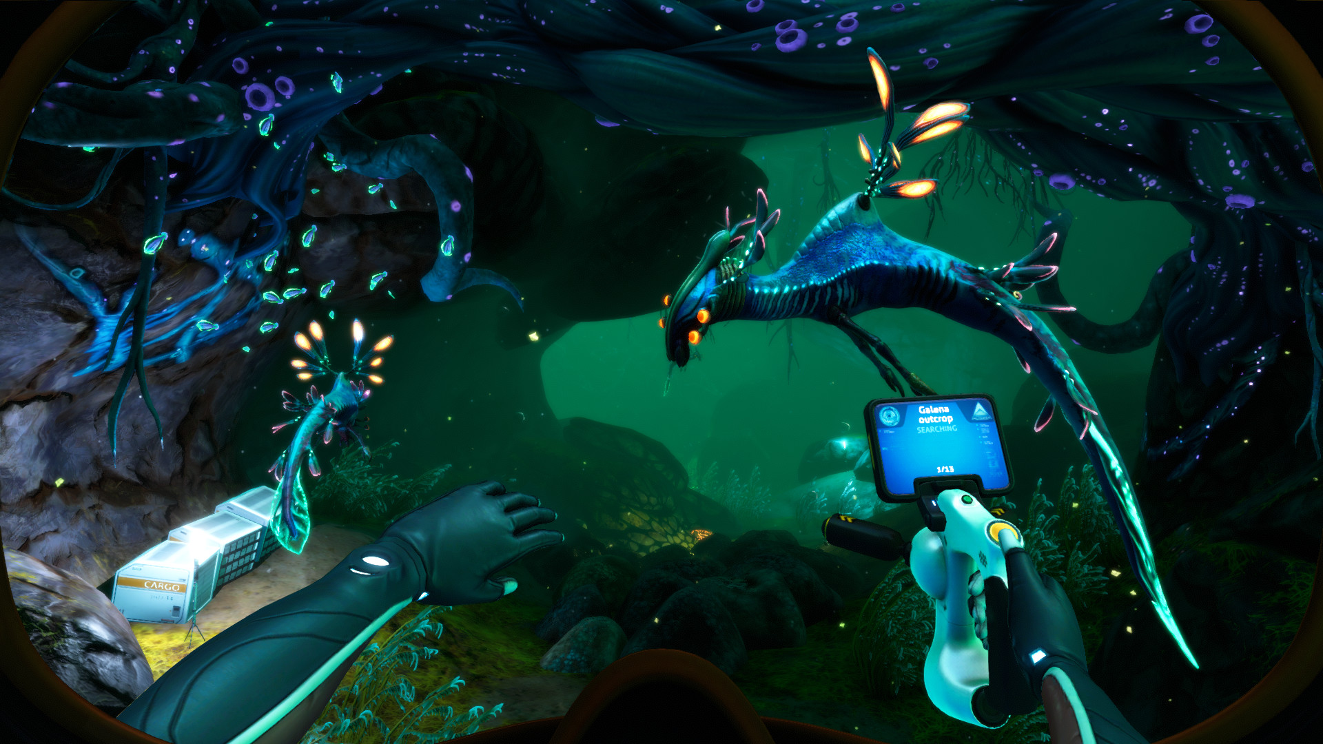 A diver scans alien life in a green underwater biome.