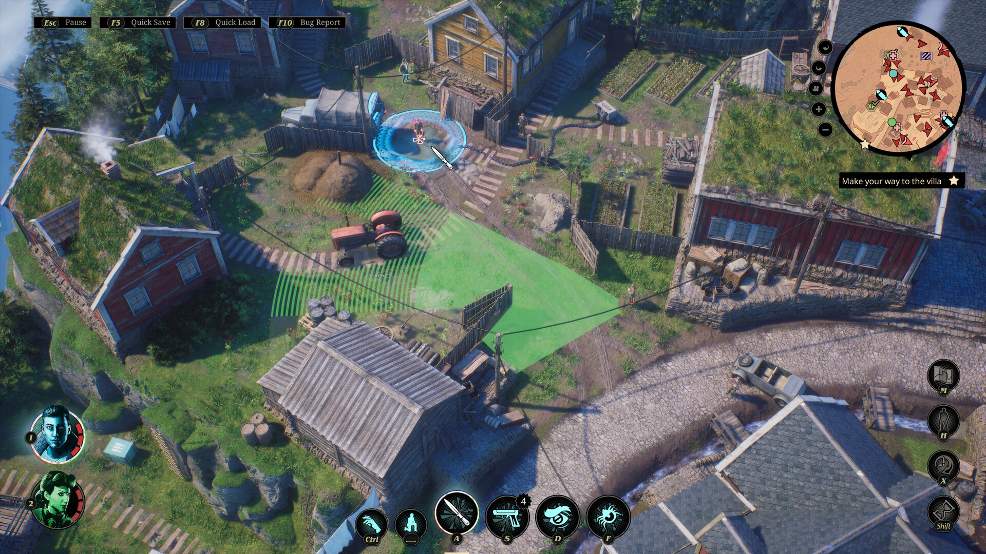 The Enigma Squad approaches a guarded village from above.