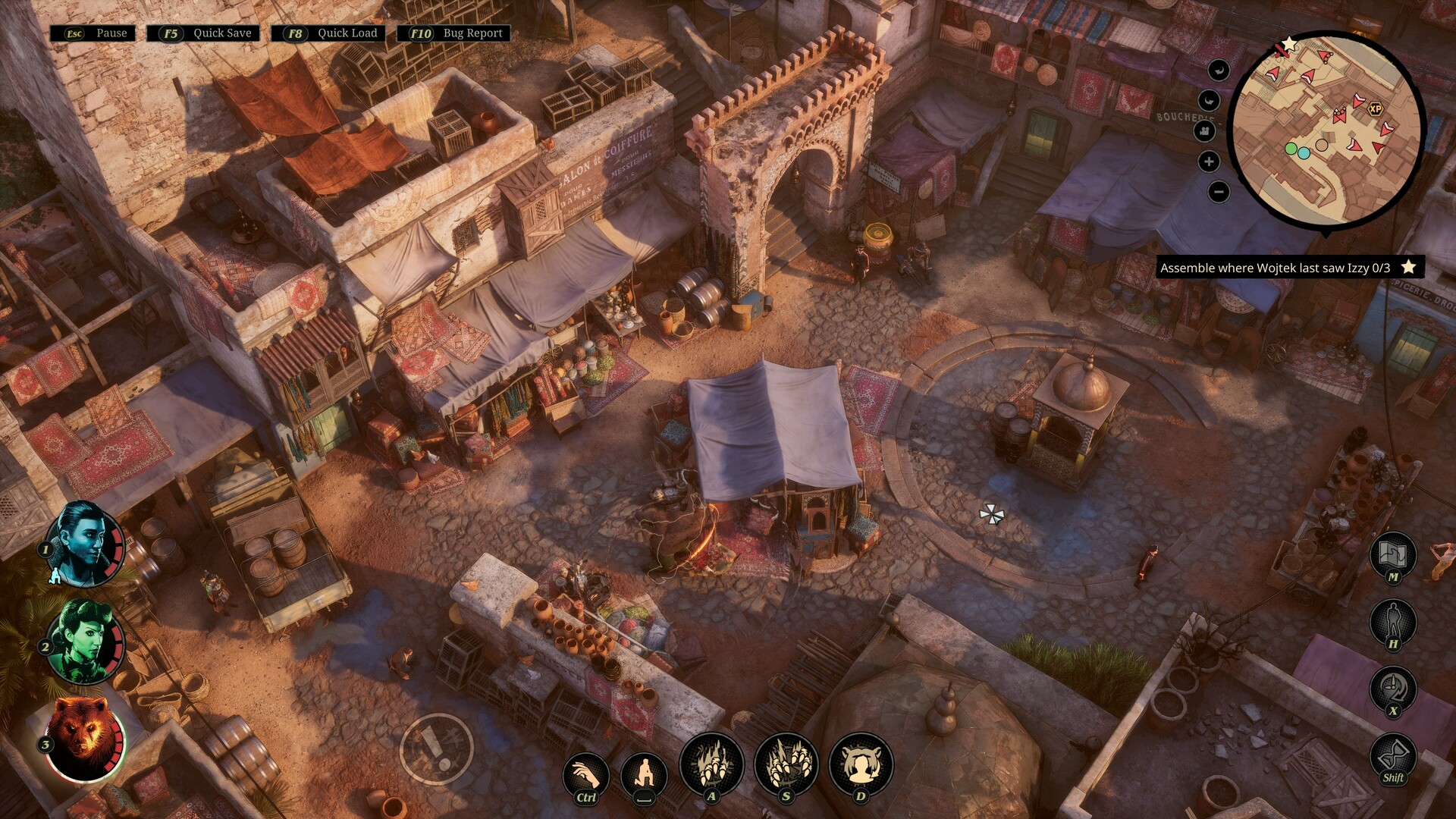 A tactical view shows a town square with squad members and patrols.