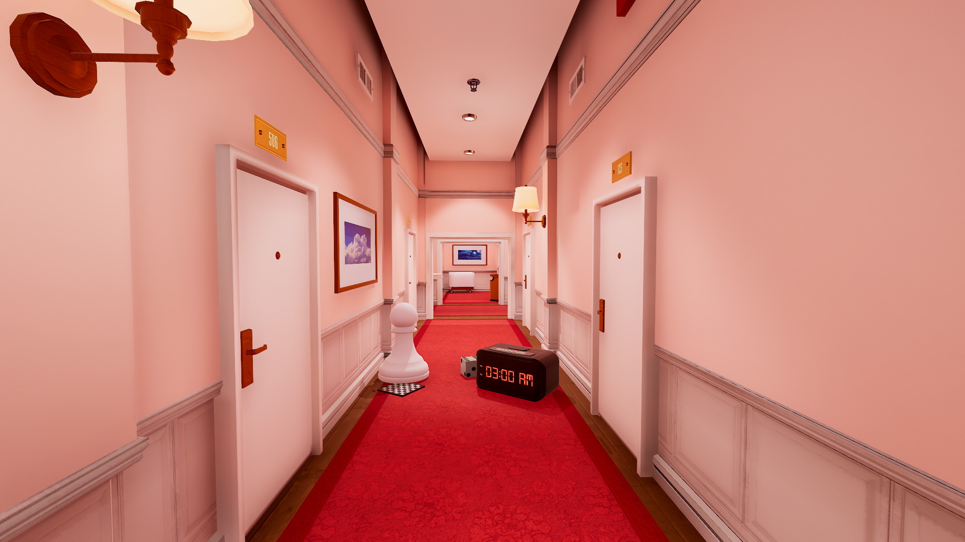 A dreamlike hotel corridor stretches toward another set of doors.