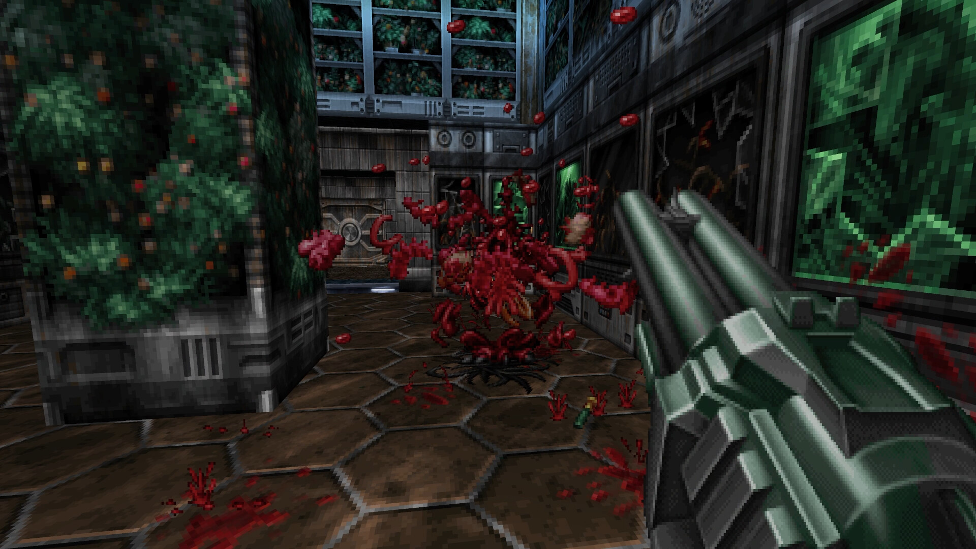 A red creature approaches the player through a damaged corridor.