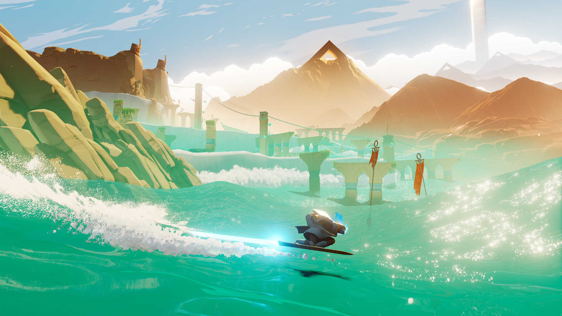 The Wraith rides a hoversword over turquoise waves toward distant ruins.