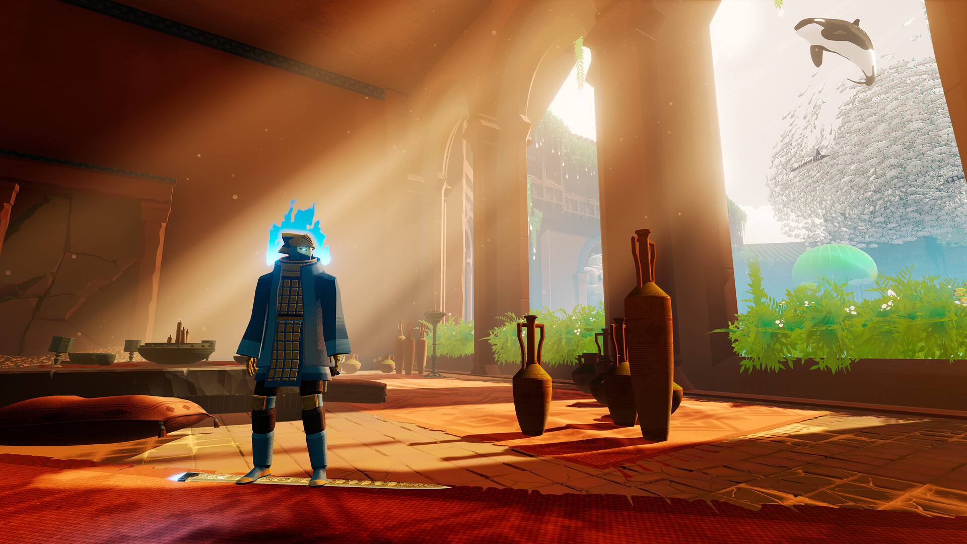 The Wraith stands in a sunlit room with sea life visible beyond an arch.