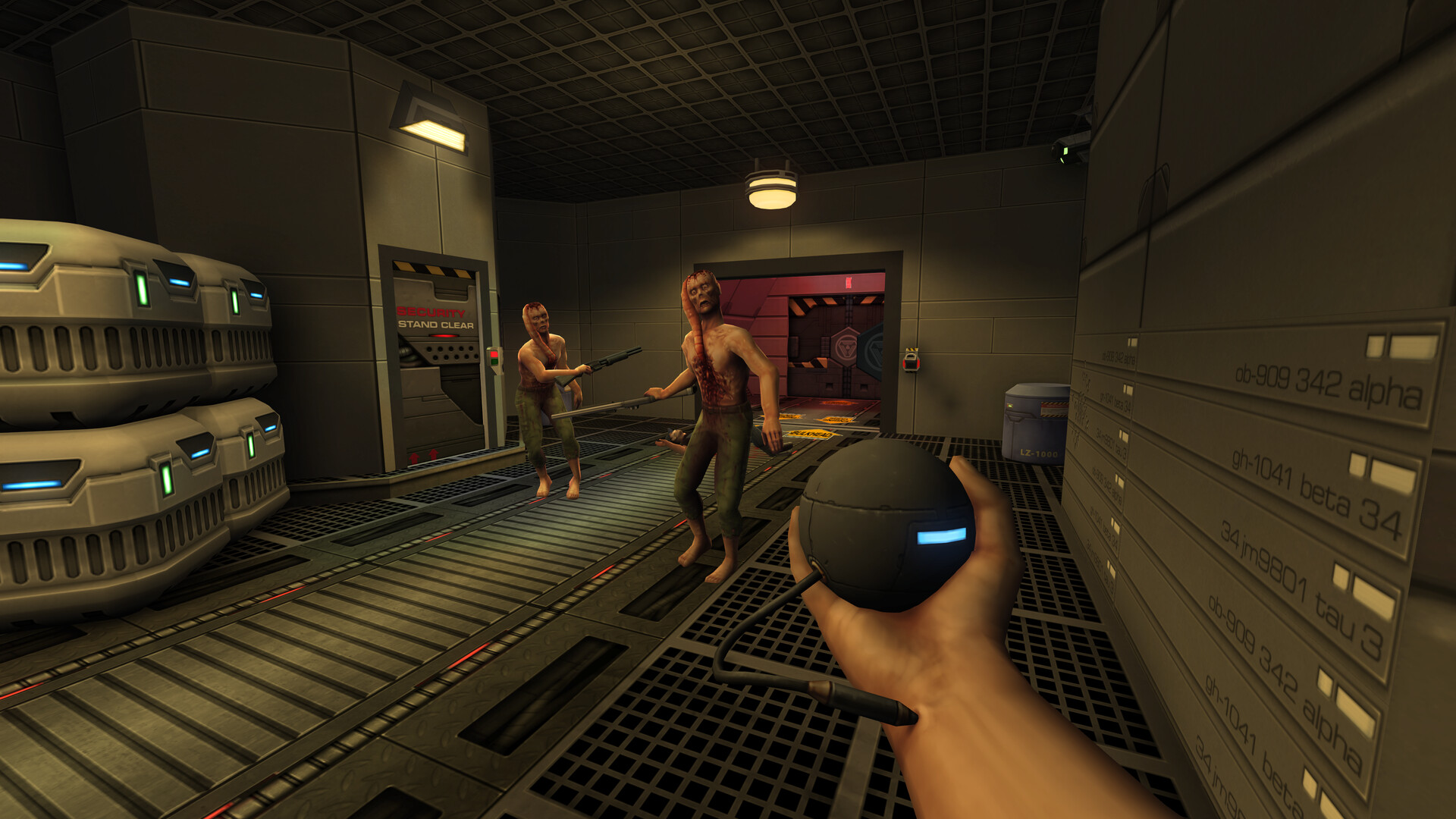 The player aims a device toward two hostile figures aboard the Von Braun.