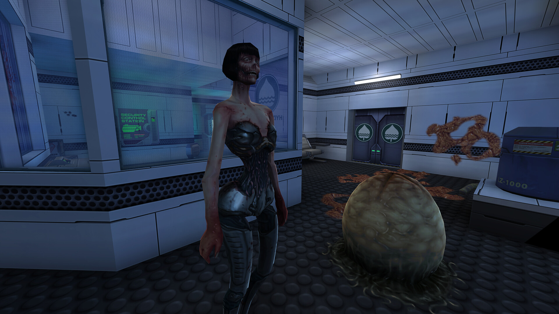 A mutated crew member stands inside a laboratory.